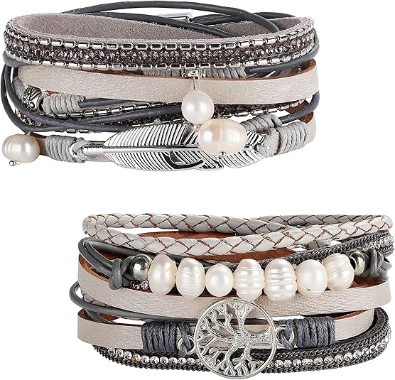 Bracciale Avvolgente In Pelle Multistrato UEUC 'Tree Of Life' - Polsino Boho Fatto A Mano Con Forte Chiusura Magnetica - Gioiello Casual Per Donna E Ragazza, Regalo Originale