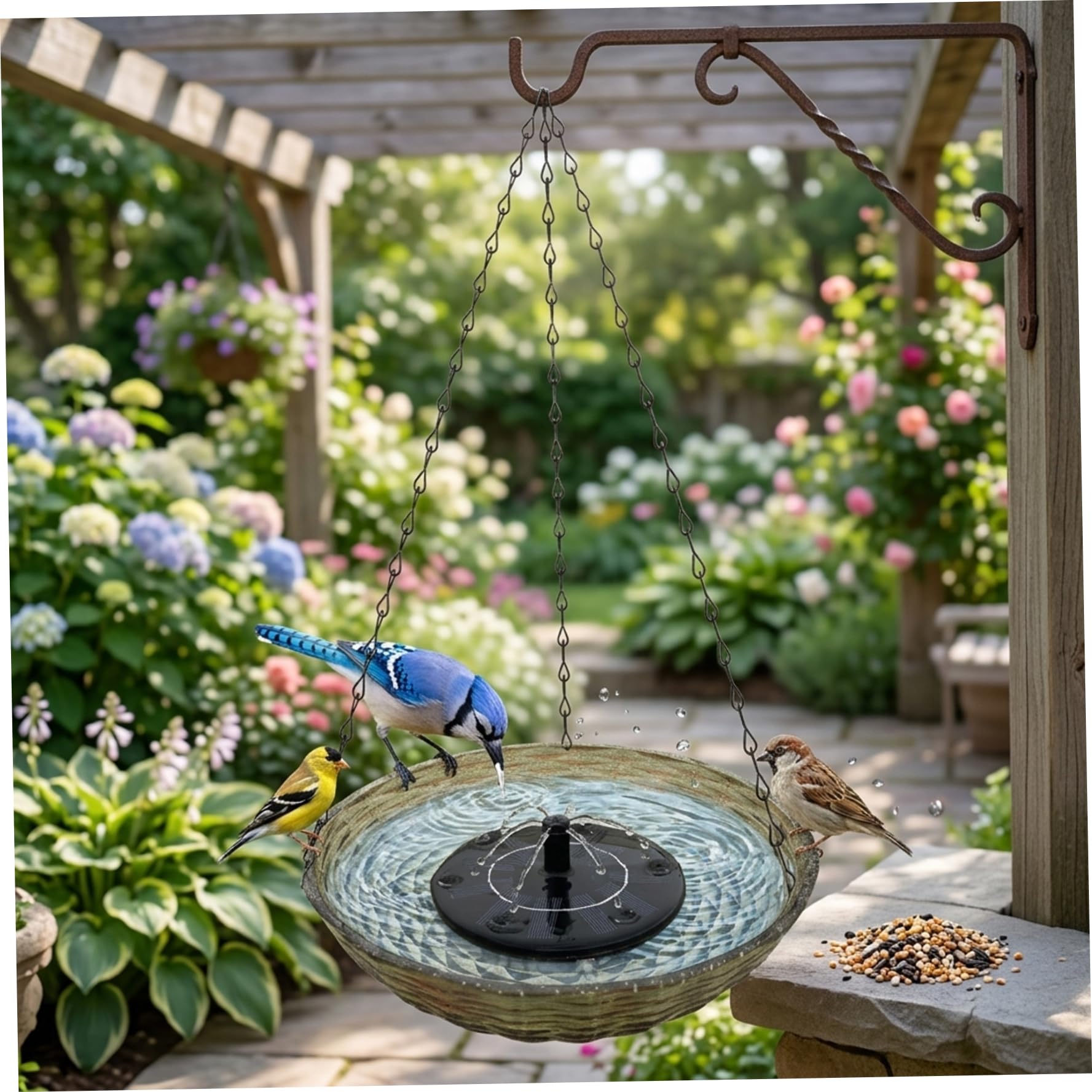 Fontaine solaire suspendue de 23,5 cm pour bain d'oiseaux et décoration extérieure du jardin