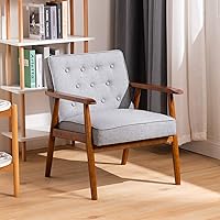 Vista 2 de UNICOO Silla de ocio con reposabrazos de madera maciza, silla de salón de madera tapizada de tela, sillas modernas para sala de estar (U205-gris)