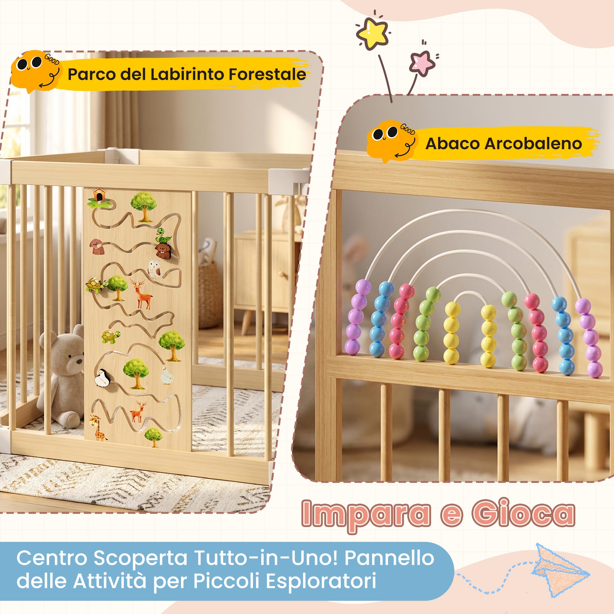 BLEKOO Recinto per bambini in legno con centro giochi – 140 x 140 cm Box bambini pieghevole | Recinto in legno regolabile con giochi e cancelletto (8 pezzi)