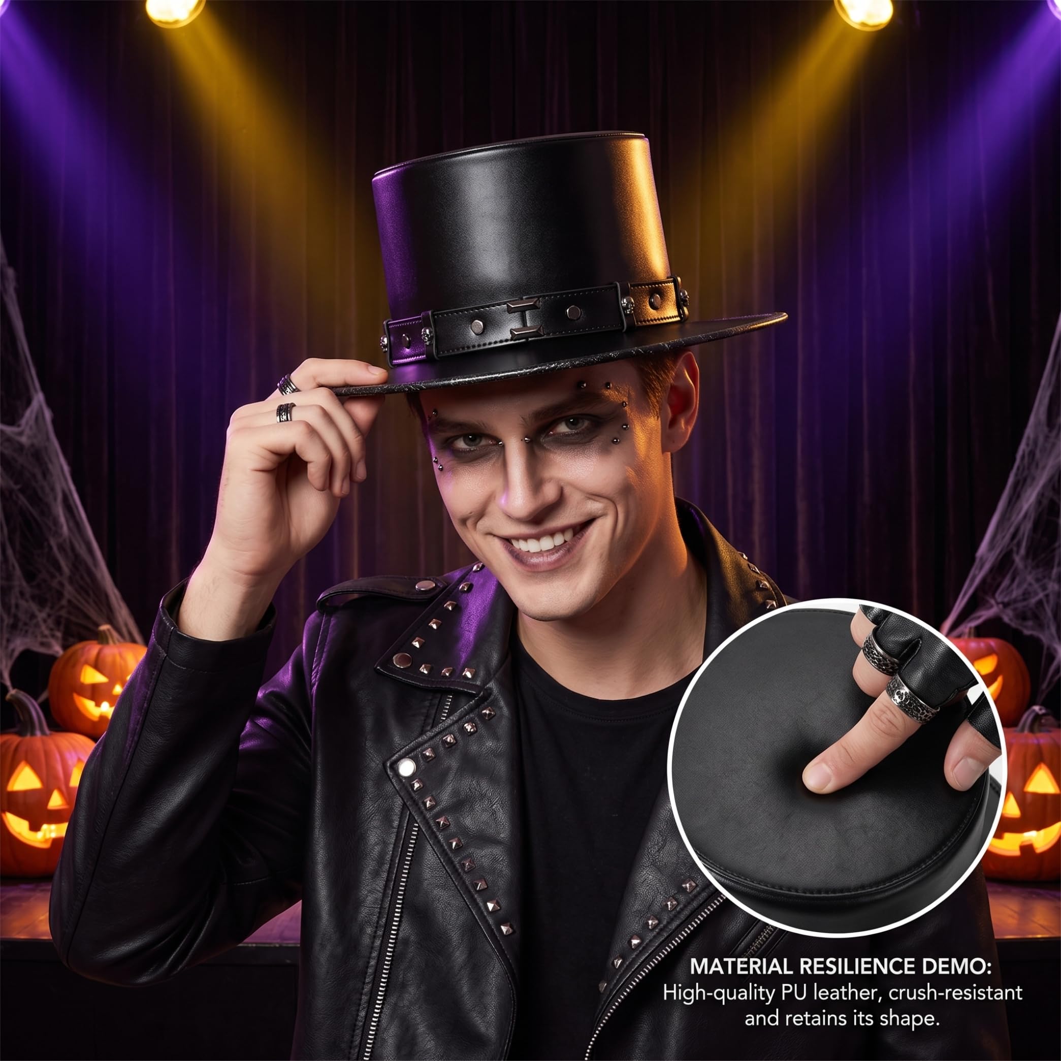 Cappello di Halloween, cappello a cilindro Steampunk da uomo in pelle PU, nero