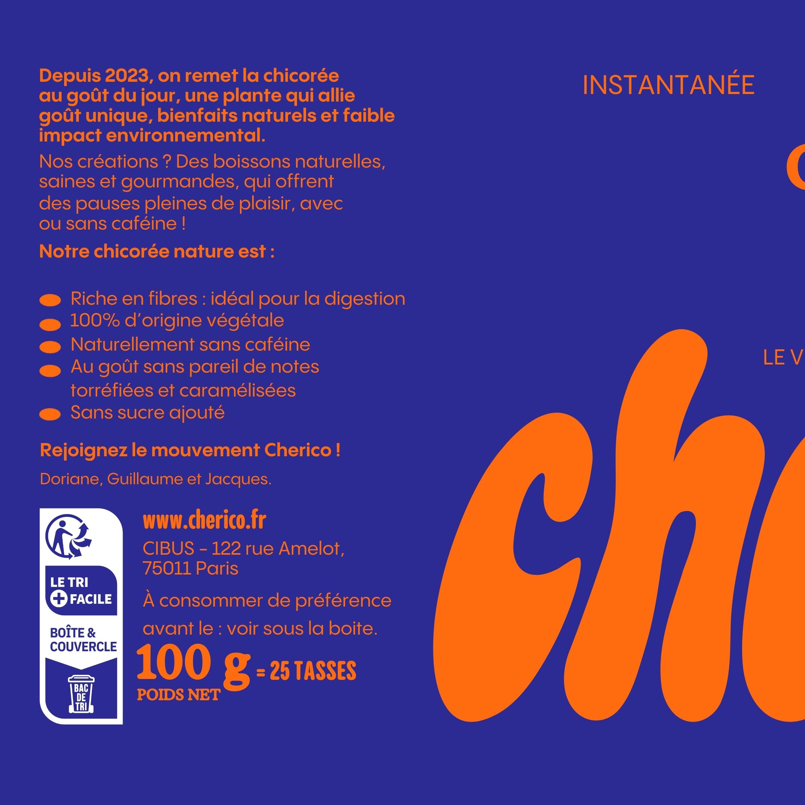 CHERICO Chicorée soluble – Pack de 6 x 100g - Chicorée sans caféine nature - Riche en fibres - Origine végétale - Notes toastées et noisette