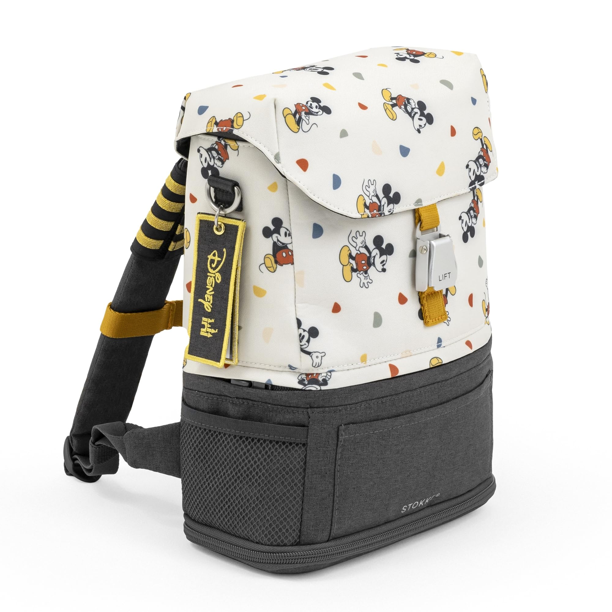Stokke JetKids BackPack, Mickey Celebration - Expandable Design for Kids 2-7 Years Old - Easy-to-Clean, Water Repellent Fabric - Includes Pull-Out Seat Pad, Name Tag & Detachable Captain Stripes