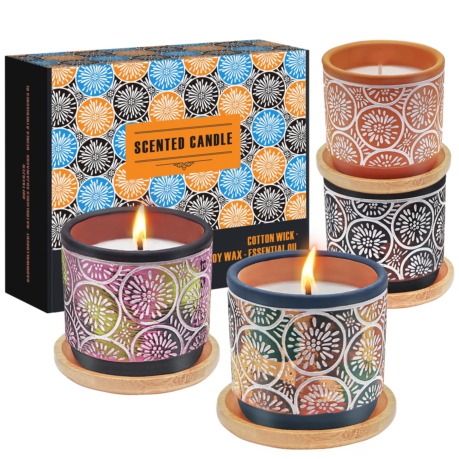 Scented Candles Gift Sets for Women, 4 Pack Natural Soy Candles for Home Scented, Burning up to 100H, Handmade Pottery Aromatherapy Jar Candle, Gift