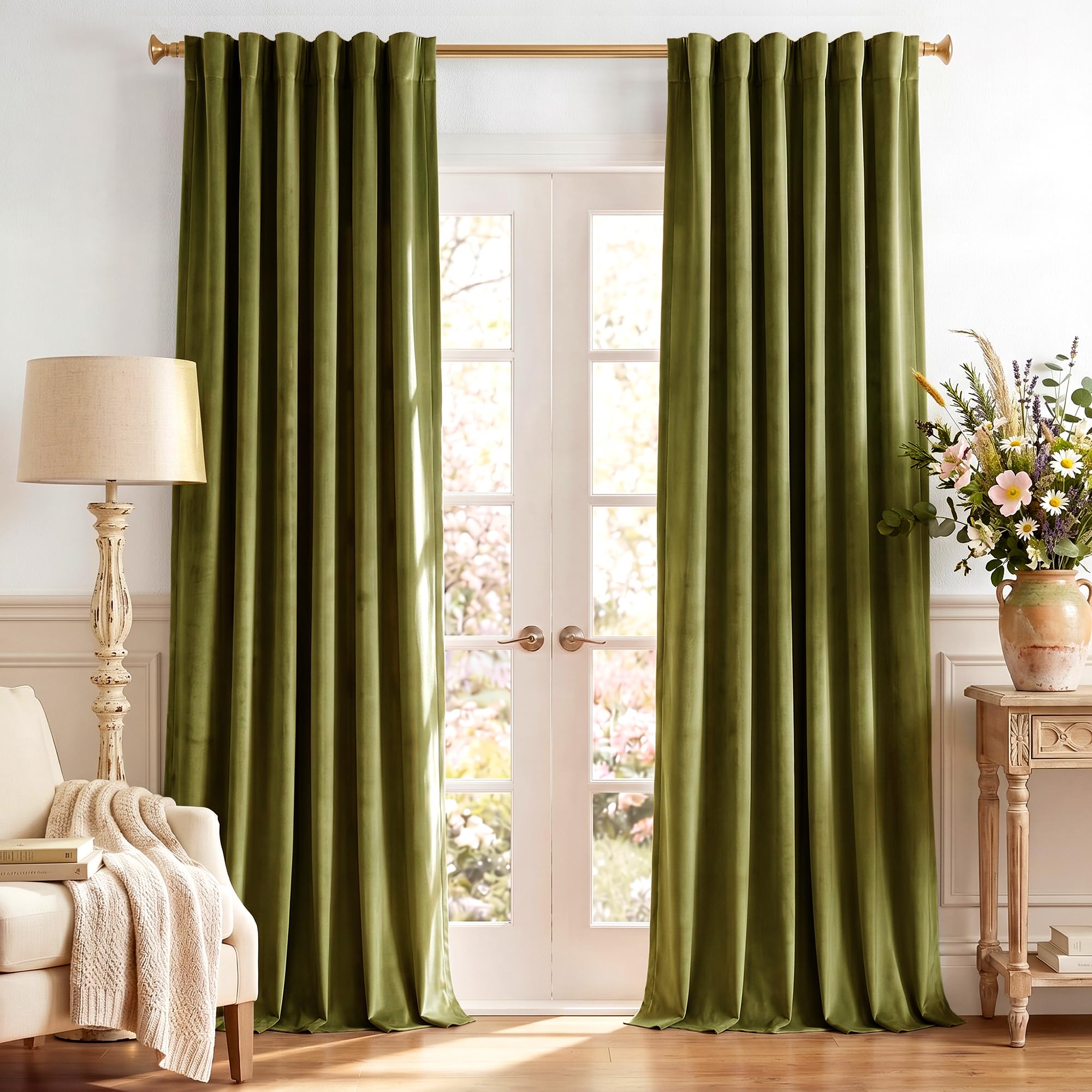 StangH Olive Green Curtains 132 inches Long High Ceiling Tall Christmas Backdrops Back Tab Thermal Insulated Window Door Drapes for Living Dining Room Office, W52 x L132, 2 Panels — image 1