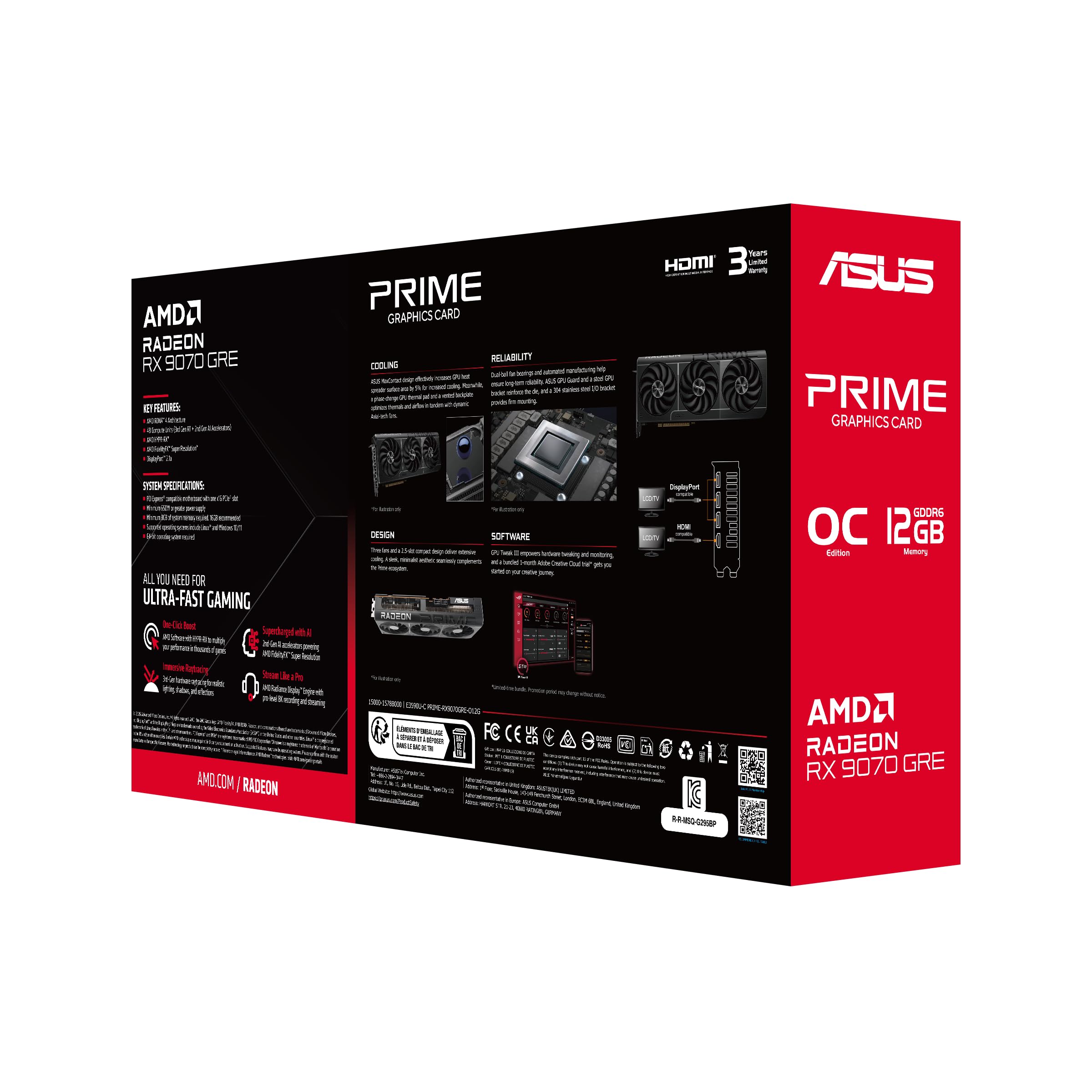 ASUS Prime Radeon RX 9070 GRE OC Edition Gaming Grafikkarte | AMD Radeon RX 9070, PCIe 5.0, HDMI/DP 2.1, Dual-BIOS-Schalter, Axial-Tech-Lüfter, 2,5-Slot-Design, MaxContact