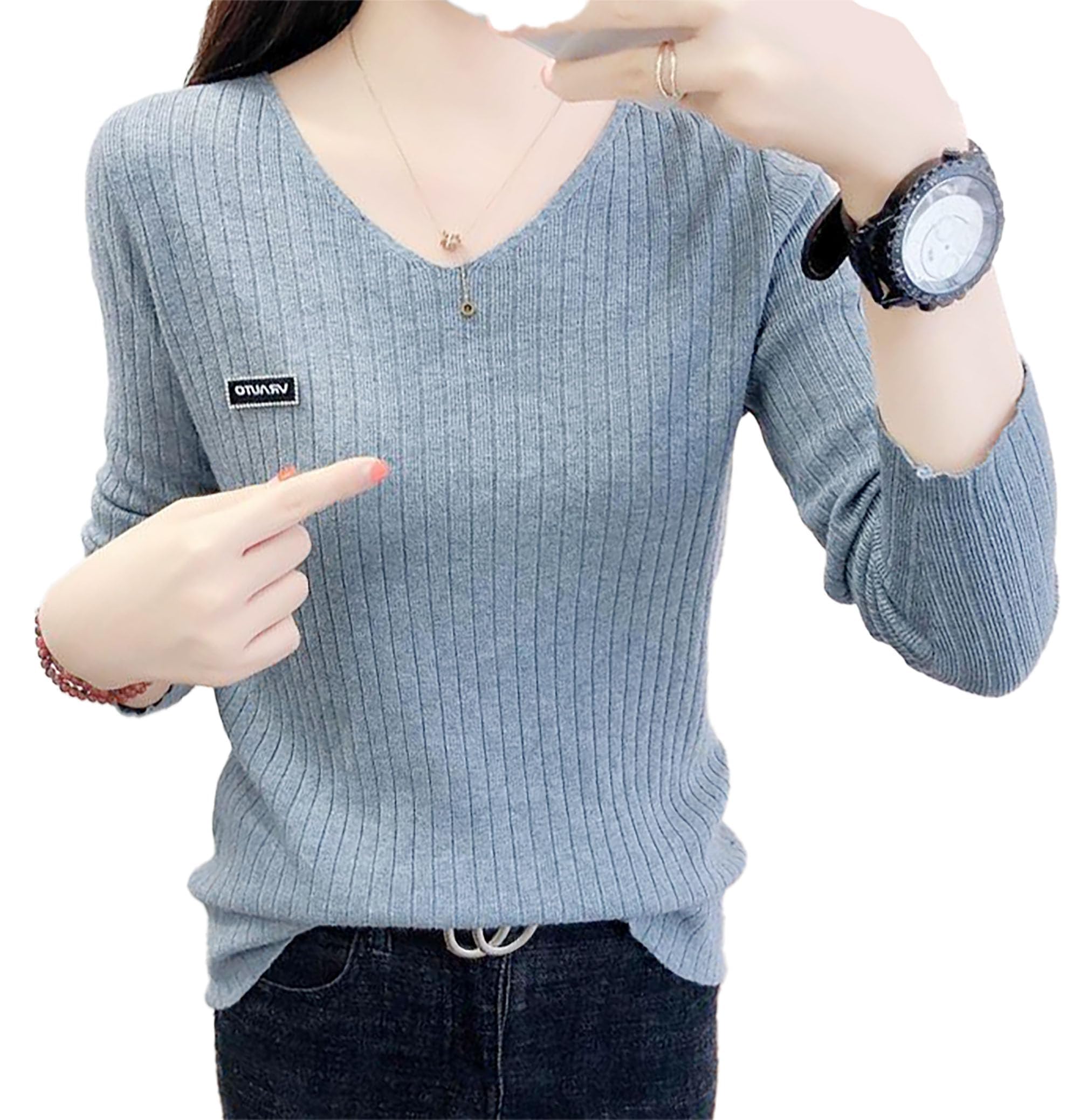 icw Women Knitted Ribbed V-Neck Long-Sleeves Pull Over Sweater Top T-Shirt Dn76-picture-19