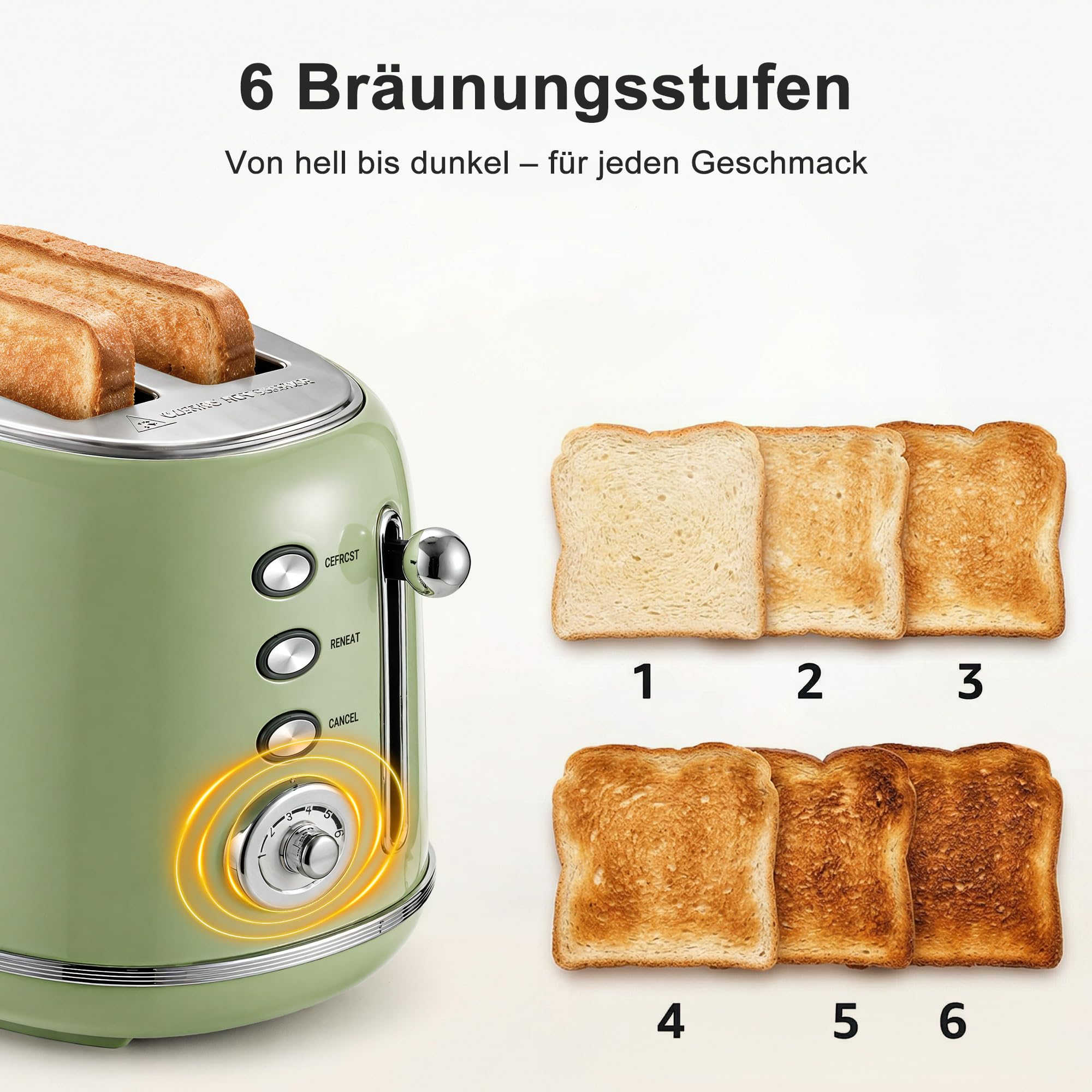 Wiltal Retro Toaster 2 Scheiben Edelstahl, Grün, TS-R008 | Brötchenaufsatz, 6 Röststufen, Vorheiz- und Auftaufunktion, Abschaltautomatik, Perfekt für Sandwiches & Toast