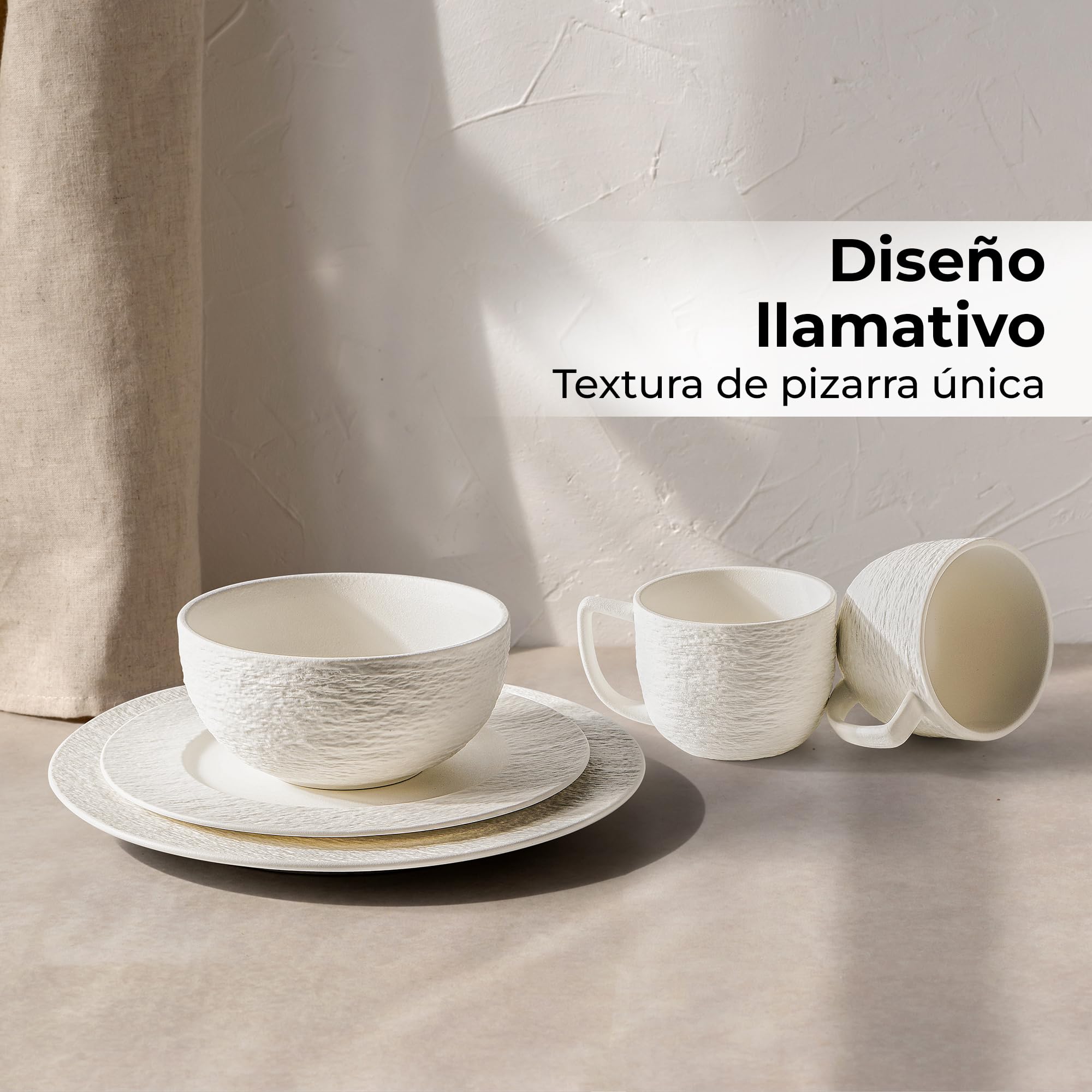 MIAMIO - Vajilla de 16 Piezas Cerámica – Set de Mesa Moderno para 4 Personas – Platos, Cuencos y Tazas en Blanco – Colección Oasis, Apta Lavavajillas y Microondas
