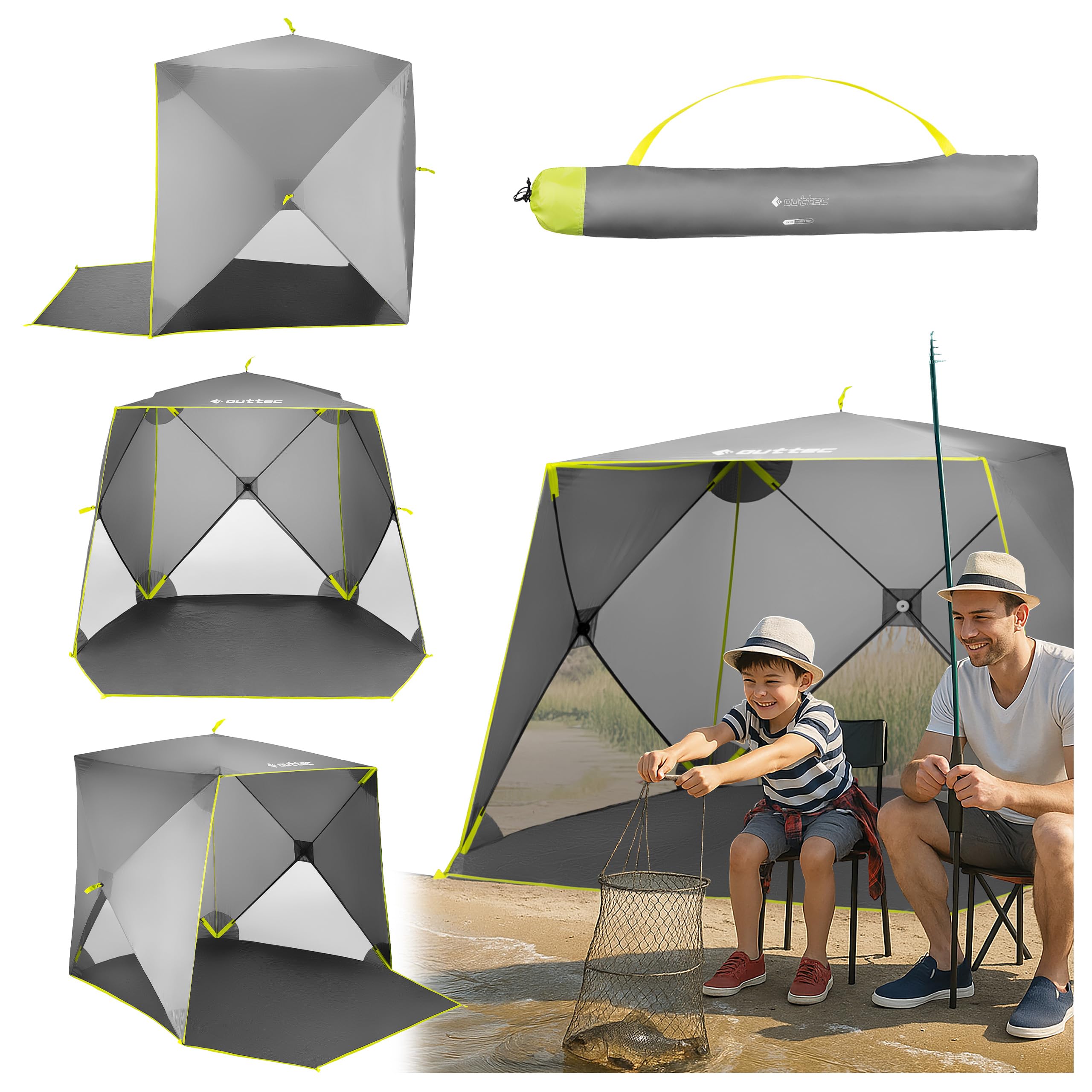 Angelzelt 210x210x160 cm Wasserdicht, Schnellaufbau Wurfzelt mit Quick-Set-System, UV30+ Sonnenschutz, 360° Belüftung, Leicht, Kompakt, Stabil, Camping & Angel Zubehör Shade Camp