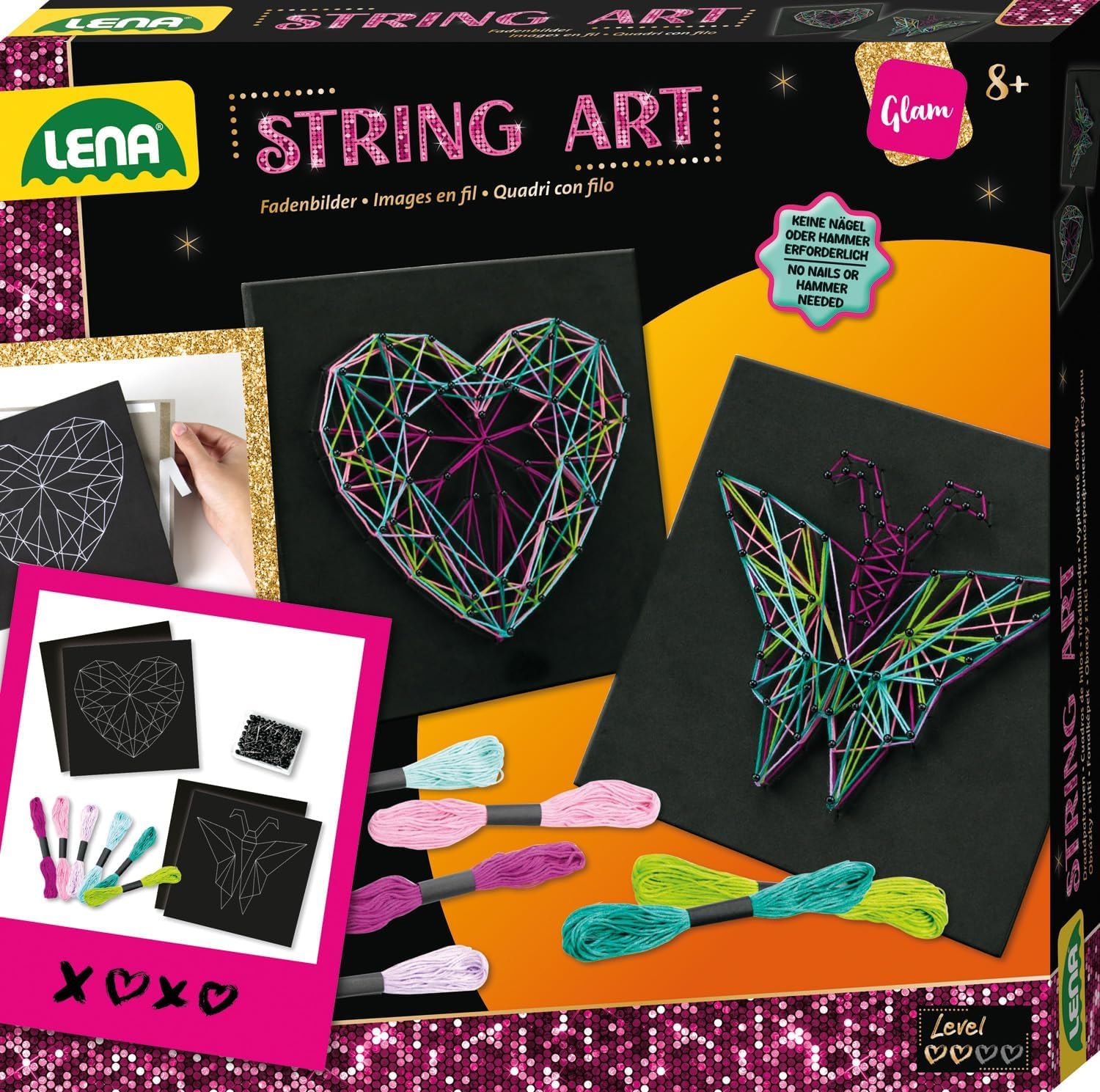 Lena 42650 String Art Kinder Bastelset Schmetterling & Herz - Für Kinder ab 8 Jahren, Kreativset mit Vorlagen für Fadenbilder, Moosgummi-Boards, Stecknadeln & Garne