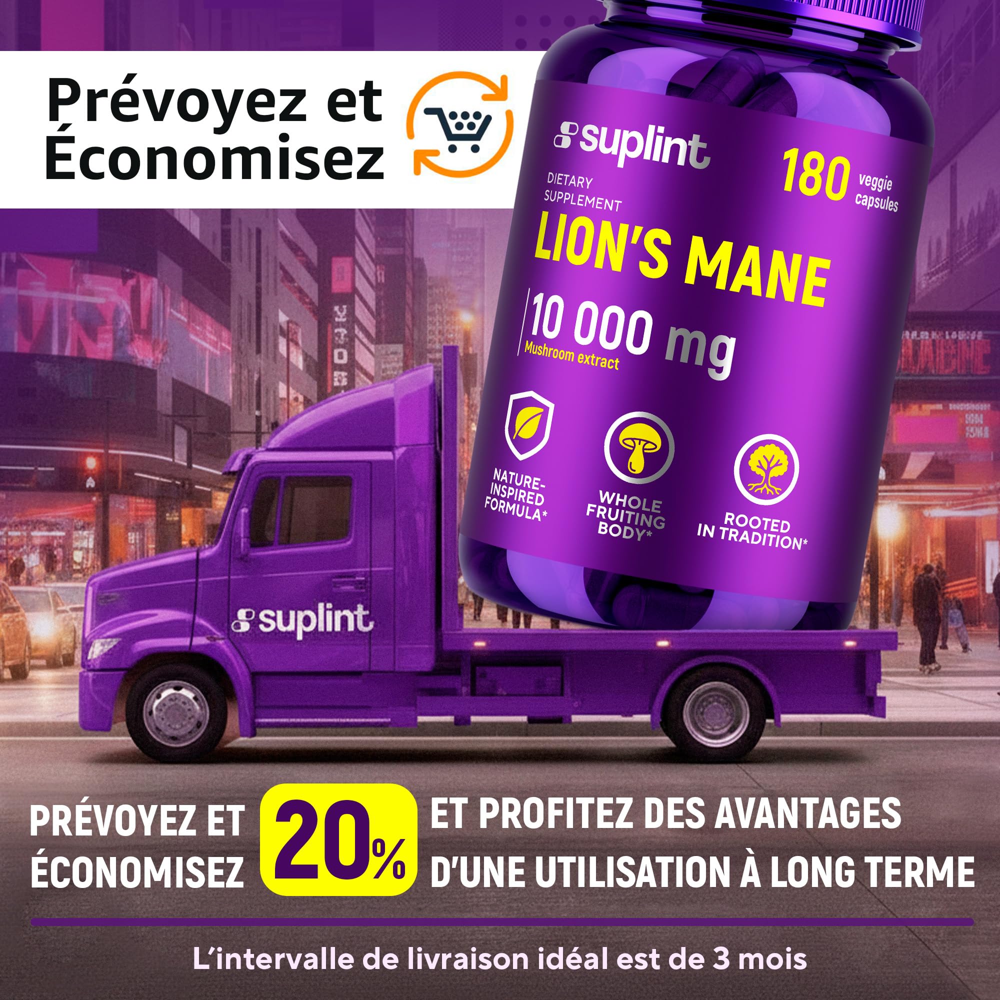 Lion's Mane - 10 000 mg - Gélules de crinière de lion – Extrait de champignon Hericium Erinaceus 10:1 – Naturel et sans OGM (180 capsules)