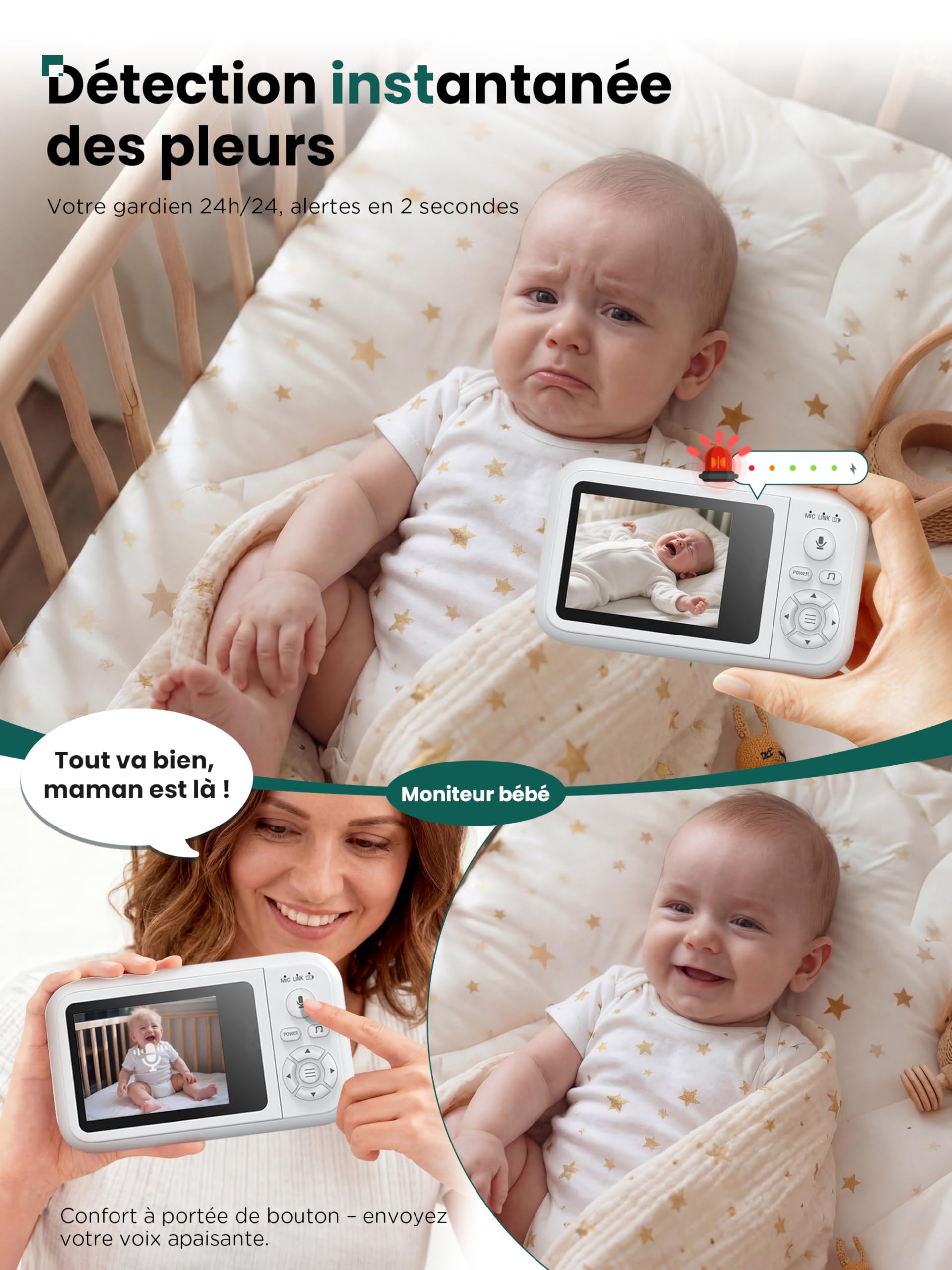 NUOTUN Babyphone Camera sans WiFi avec Support Lit, HD Camera Bebe Surveillance avec 3.5" IPS écran, Audio Bidirectionnel, Détection des Pleurs, Vision Nocturne, Berceuses, Cadeau de Naissance idéal