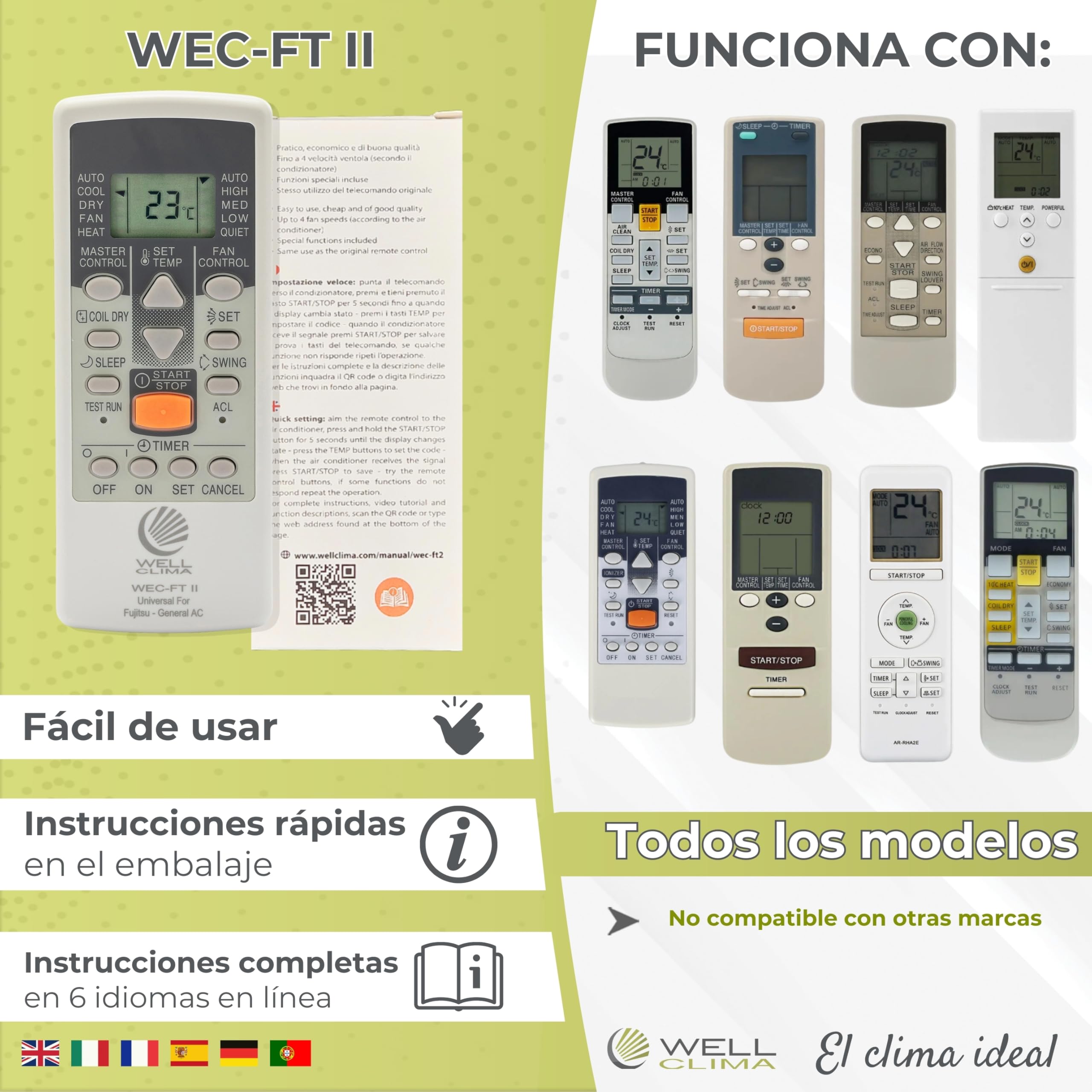 Wellclima WEC-FT II Mando Universal Compatible con Aires Acondicionados Fujitsu y General, Funciones Avanzadas, hasta 4 Velocidades de Ventilador, Listo para Usar en Segundos, Asistencia Wellclima
