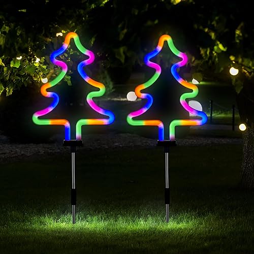 Miniatura 4 de BlcTec Decoraciones de Navidad para exteriores, 4 luces de neón con estacas de acero inoxidable, luces de Navidad impermeables para jardín, patio,
