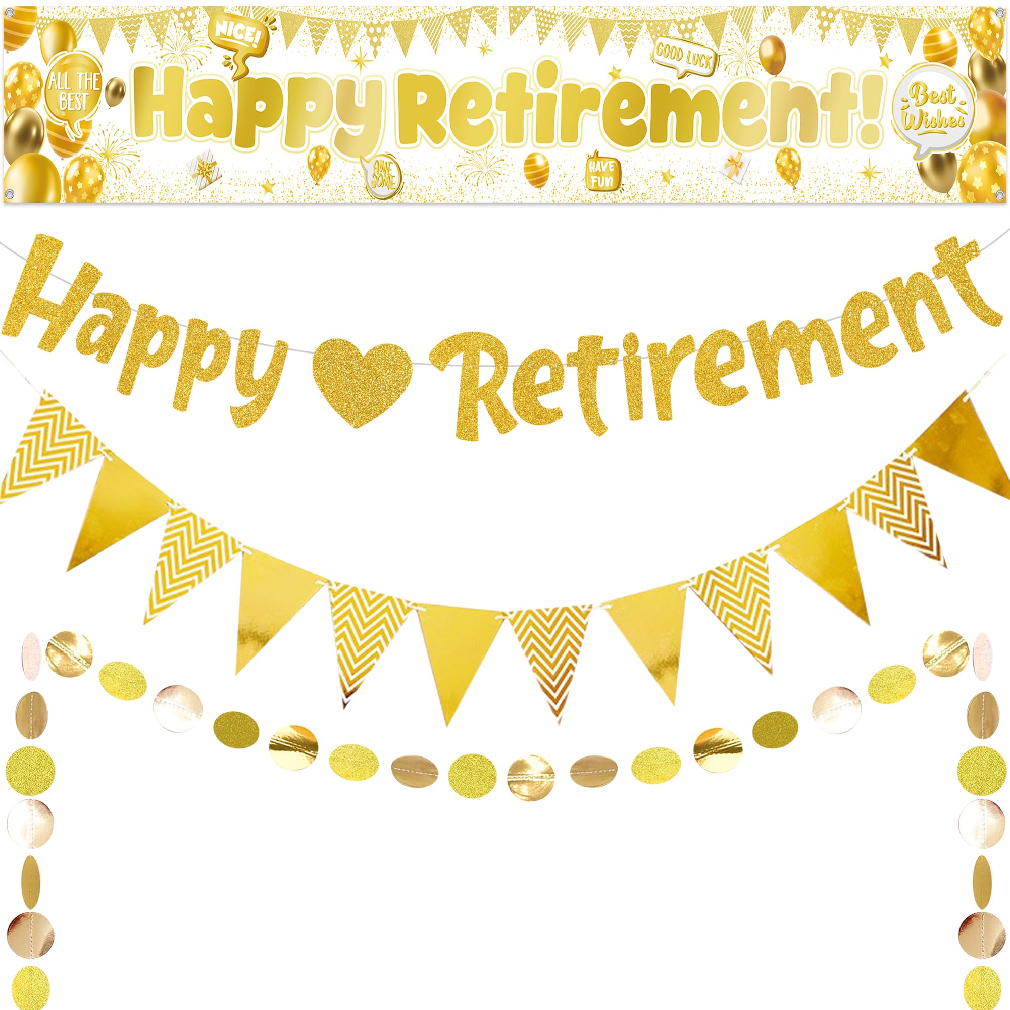 Happy Retirement Banner Decorations Gold - Retirement Banners Bunting 4m Circle Dot Garland Party Supplies, Glitter Banner Hanging Decor for Retired Women Colleagues