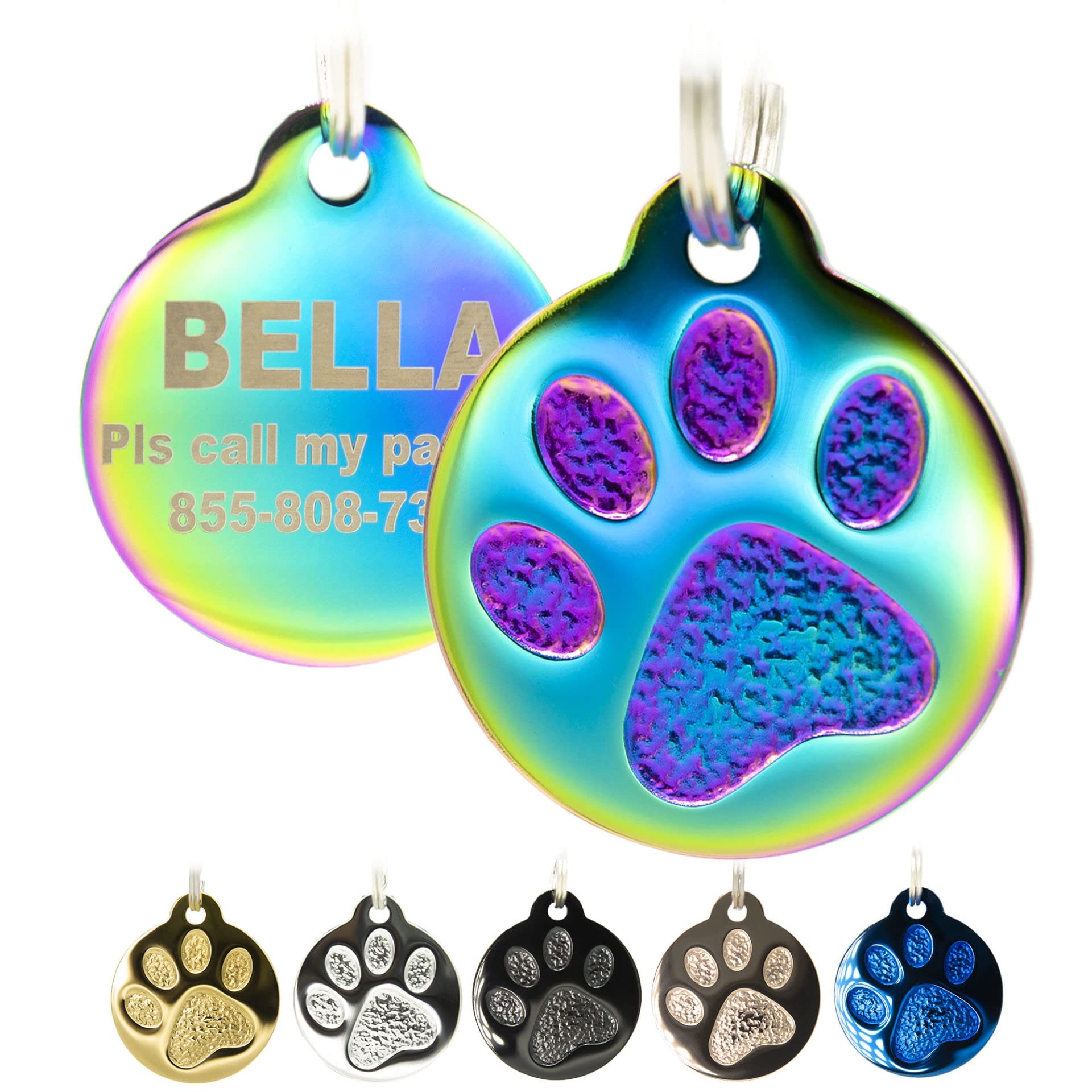 Engraved Pet Tag for Dogs and Cats - Personalized Front & Back up to 4 Lines of Text Custom Engraved ID, Round Paw Print Solid Plating Stainless Steel Nebula Regular