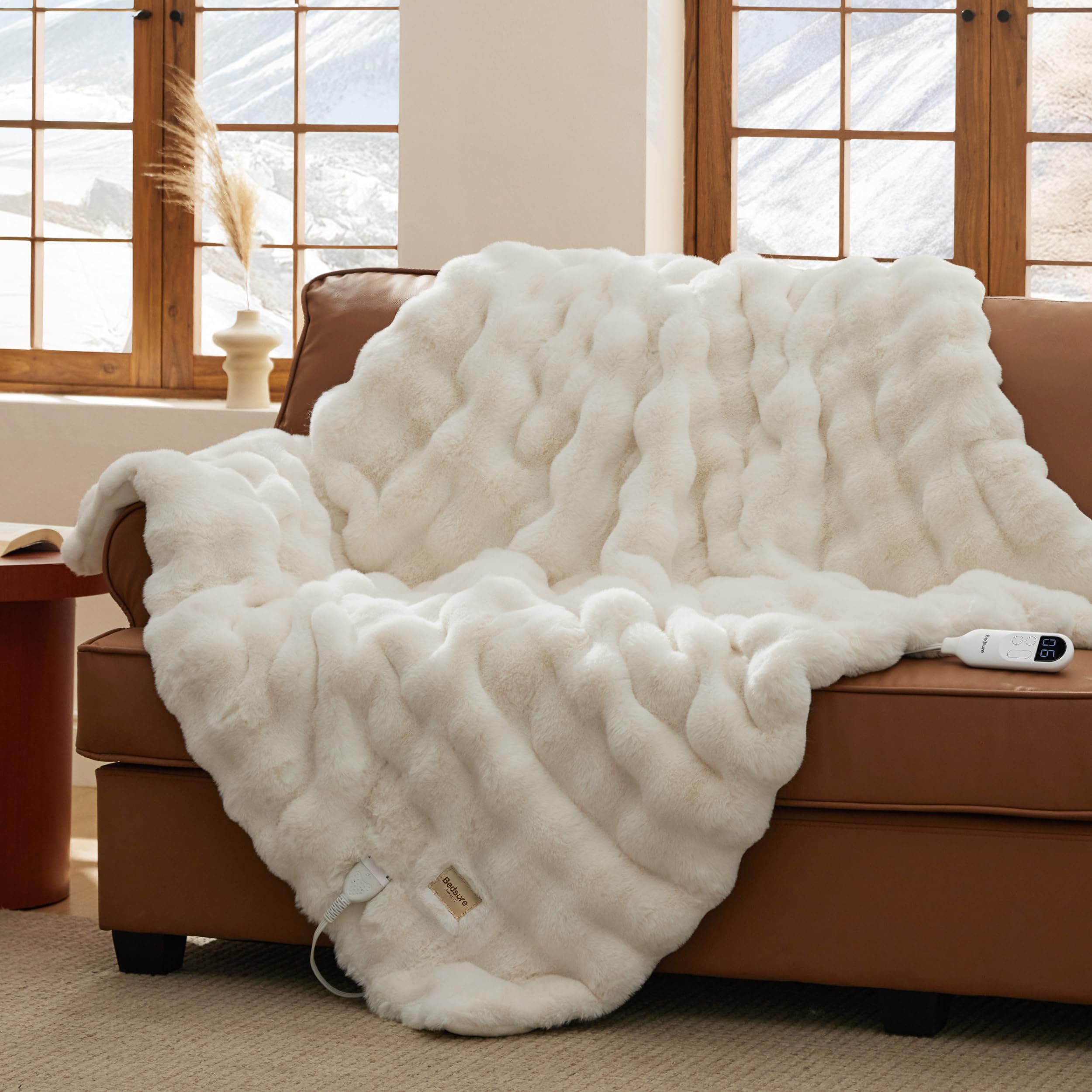 Bedsure Fluffy Bubble Faux Fur Heated Blanket Electric Throw, Coconut White