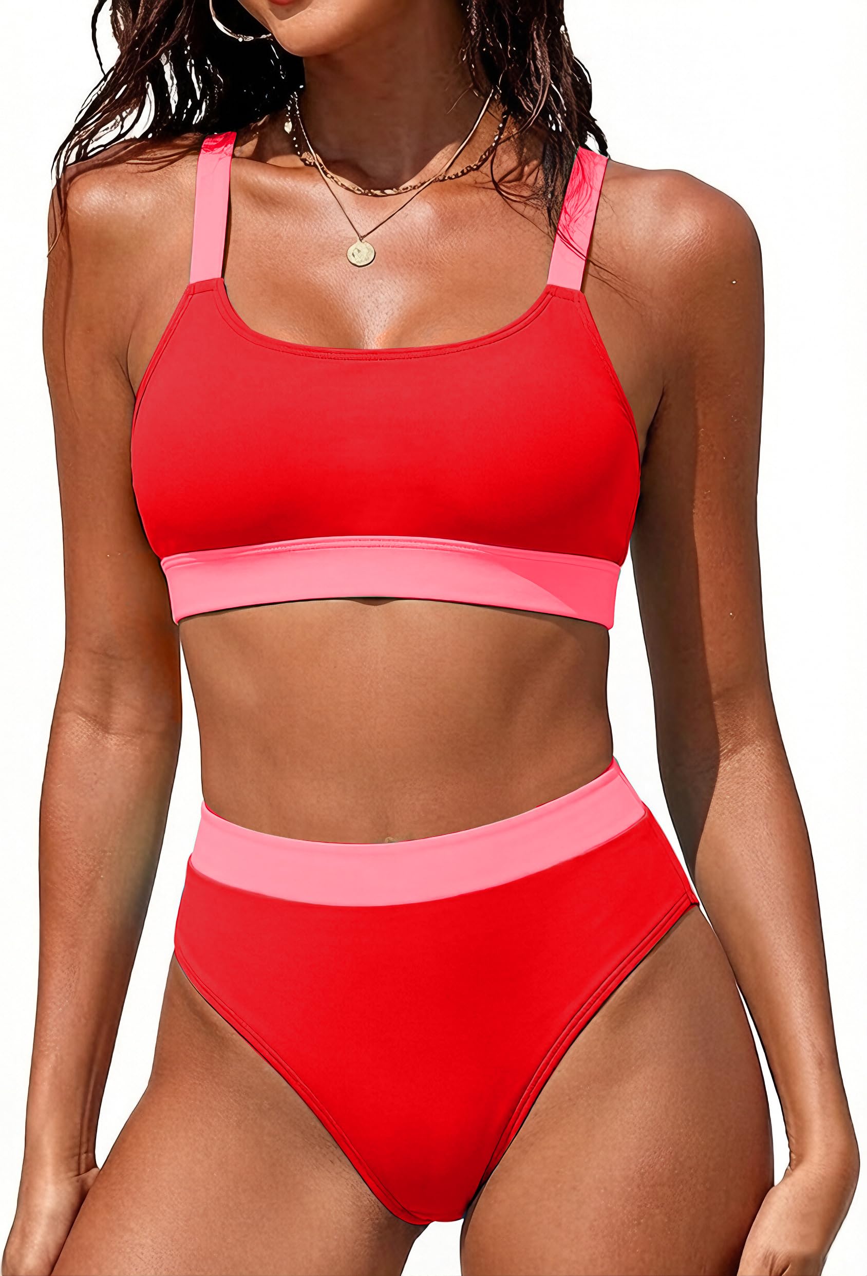 ZINPRETTY Women High Waisted Bikini Sets Color Block Swimsuits 2 Piece Bathing Suits Tummy Control Sporty Teens