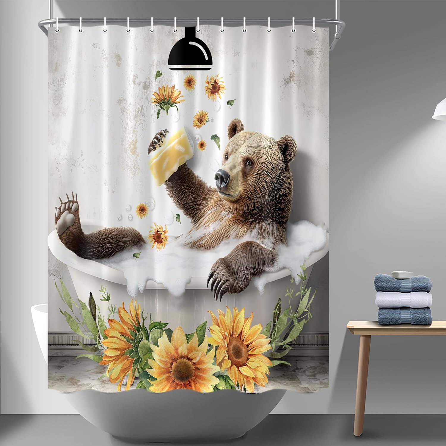 Funny Bear Shower Curtain Set, Brown Bear Animal Sunflower Flower Plant Bathtub Bathroom Shower Curtain,Polyester Fabric with Plastic Hooks, 71X84 Inch.