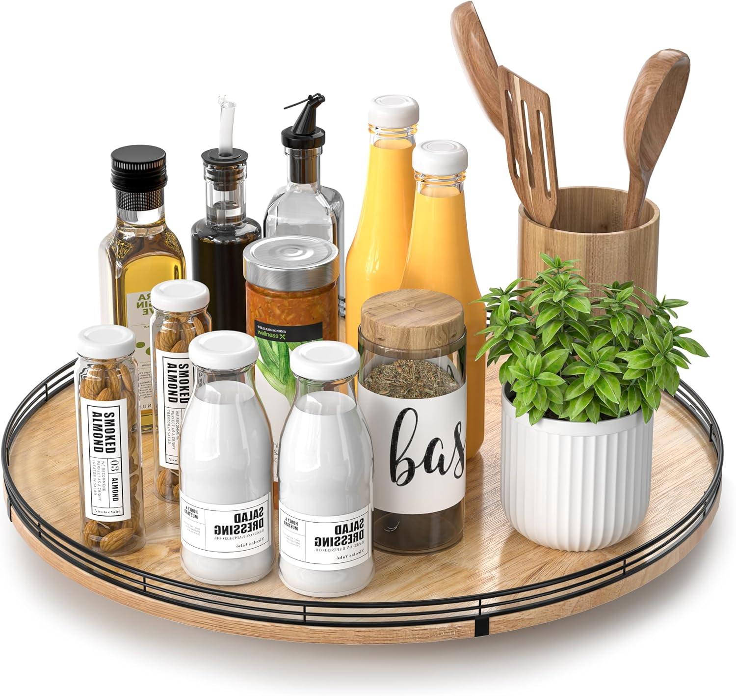 18" Lazy Susan Oak Wood Turntable Organizer for Cabinet, Farmhouse Round Wooden Large Lazy Susan Organization and Storage for Dining Table, Pantry, Kitchen, Countertop, Cupboard, Home Decor Brown & Black 18