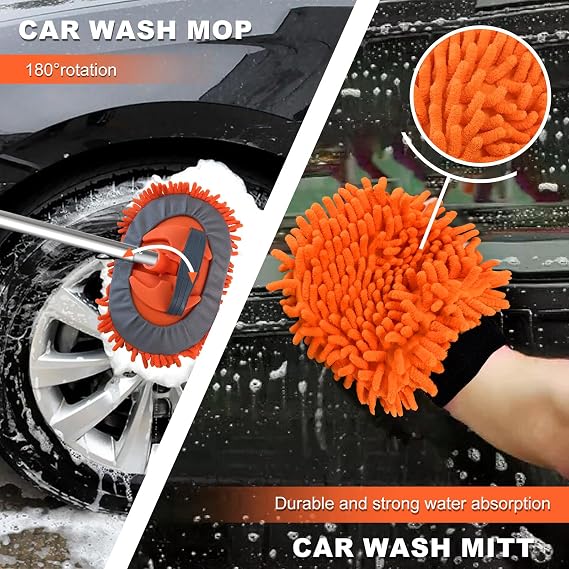Buyplus 18FT Reach Car Wash Brush with Long Handle - Car Cleaning Kit with 3-12FT Extension Pole, Wheel Brush, Microfiber Cleaning Mop, Mitt, Window Squeegee for RV Truck SUV Boat Solar Pane Washing