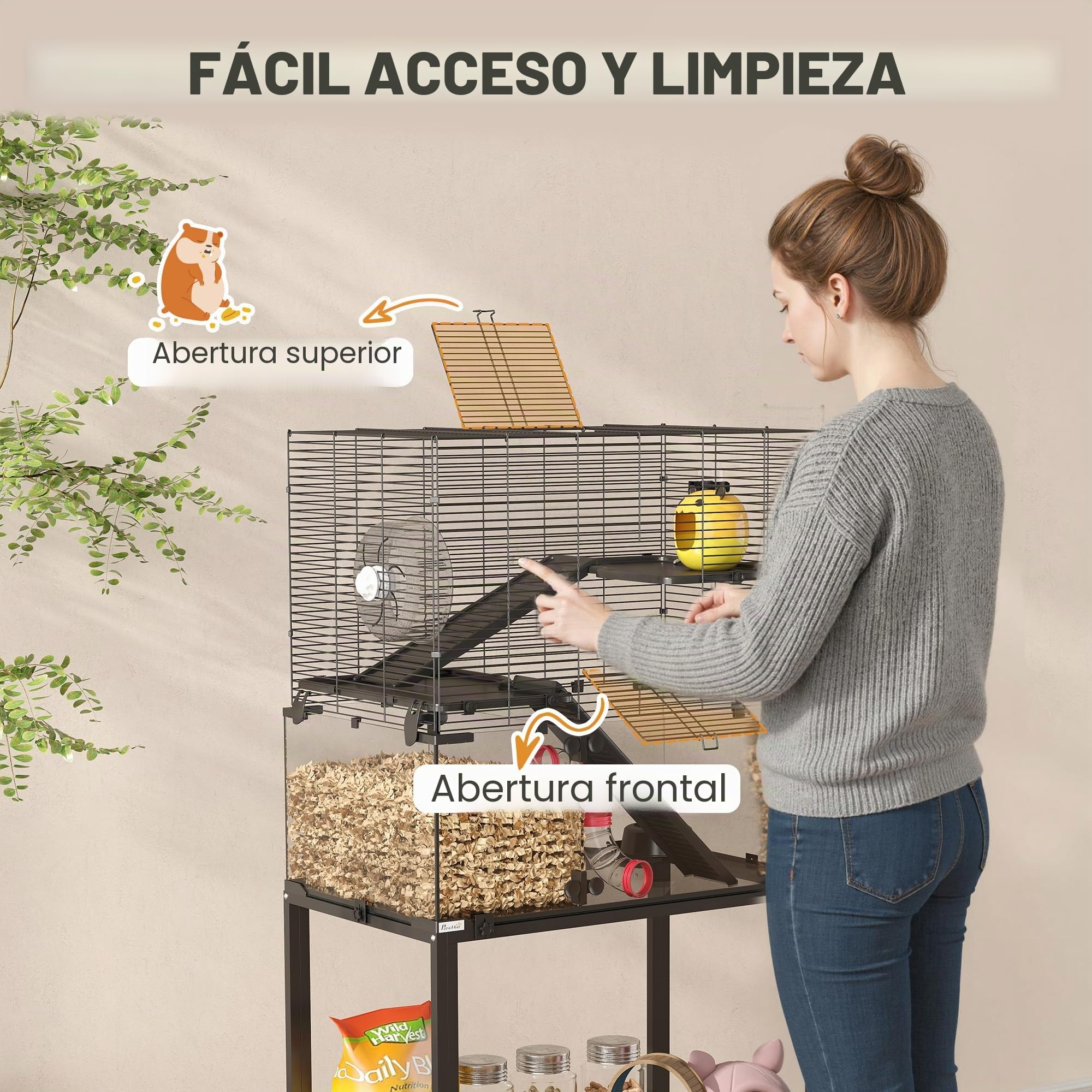 PawHut Jaula para hámster con ruedas de 3 niveles, jaula para roedores y animales pequeños con sistema de tubos, cabaña, rampas, comedero y accesorios, jaula para ratones, jaula para hámster enano, 77