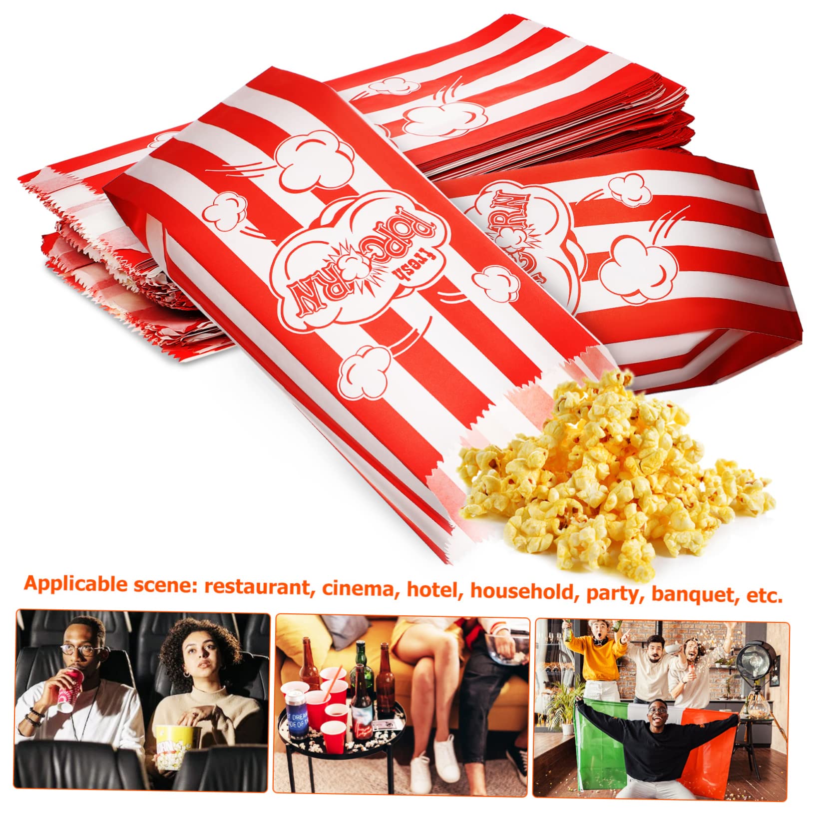 Beavorty 100Pcs Popcorn Bags Paper with Stripe and Letter Pattern for Treats Snacks Cookies and Candy for Parties and Movie