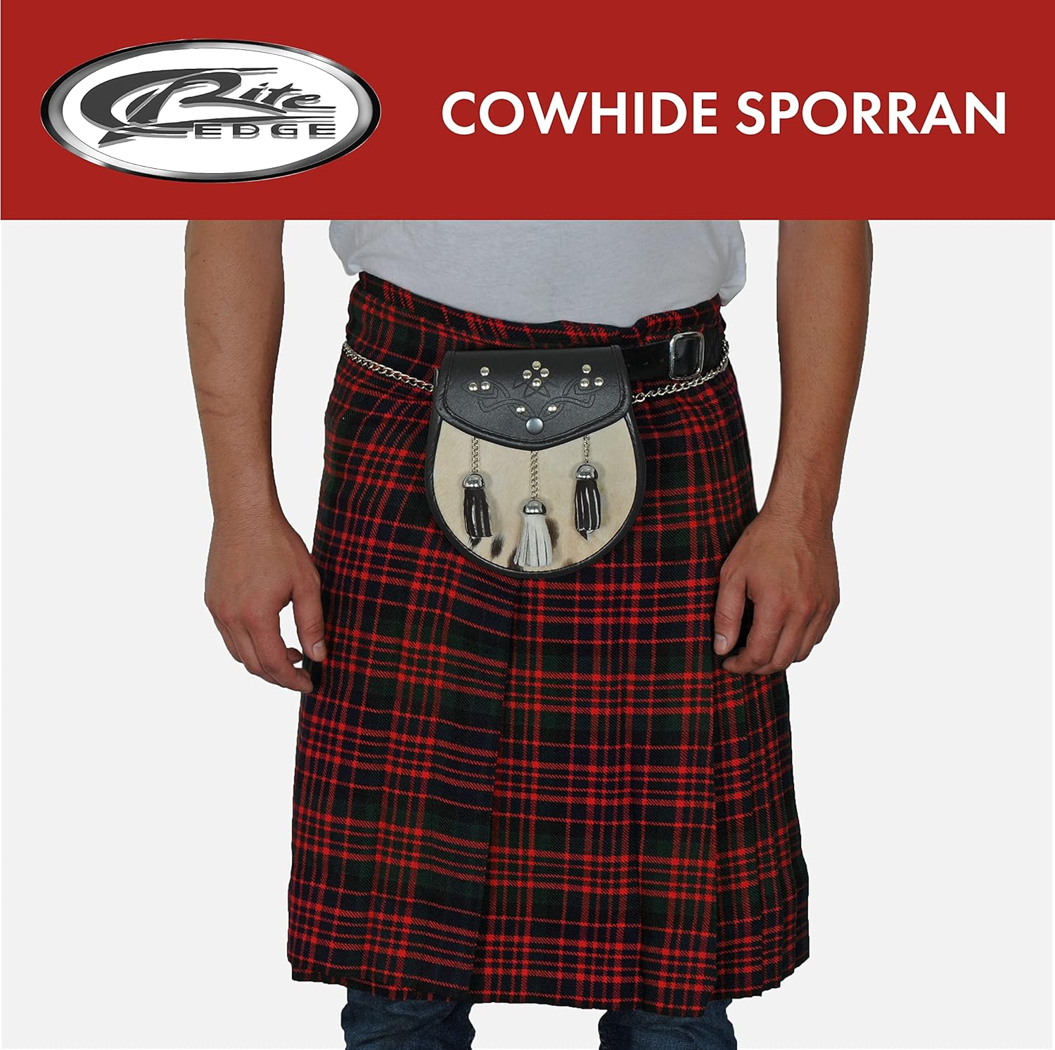 SZCO Medieval Sporran 8 Inch - Tasseled Cowhide Leather Pouch with 3 Tassels - Scottish Kilt Sporran with Chain Belt for Men - Medieval Bag for Costume & Renaissance Accessories - Image 5