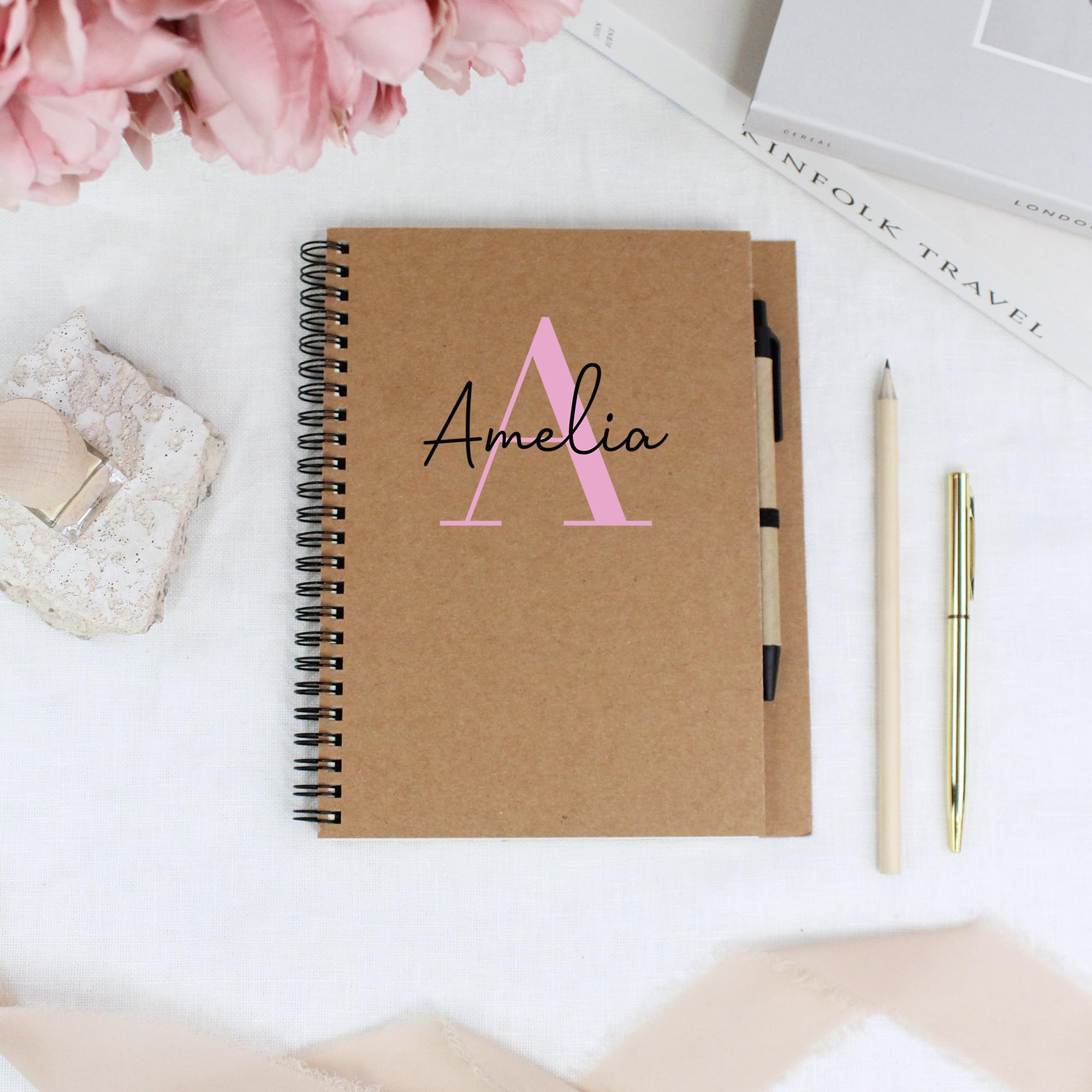 eBuyGB Personalised Name & Initial Spiral Lined Notebook & Pen, Recycled Cardboard Notepad, Monogrammed Journal, Work Planner
