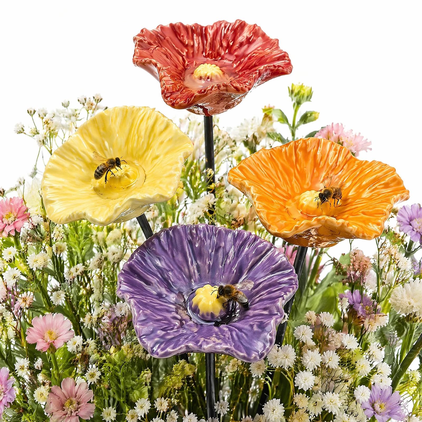 Handgefertigte Bienenblüten Keramik,4er/8er Set Bienentränke für den Garten,Wetterfeste Keramikblumen Gartenstecker für Bienen & Insekten,Farbige Wasserschale für Balkon & Beet,4pcs