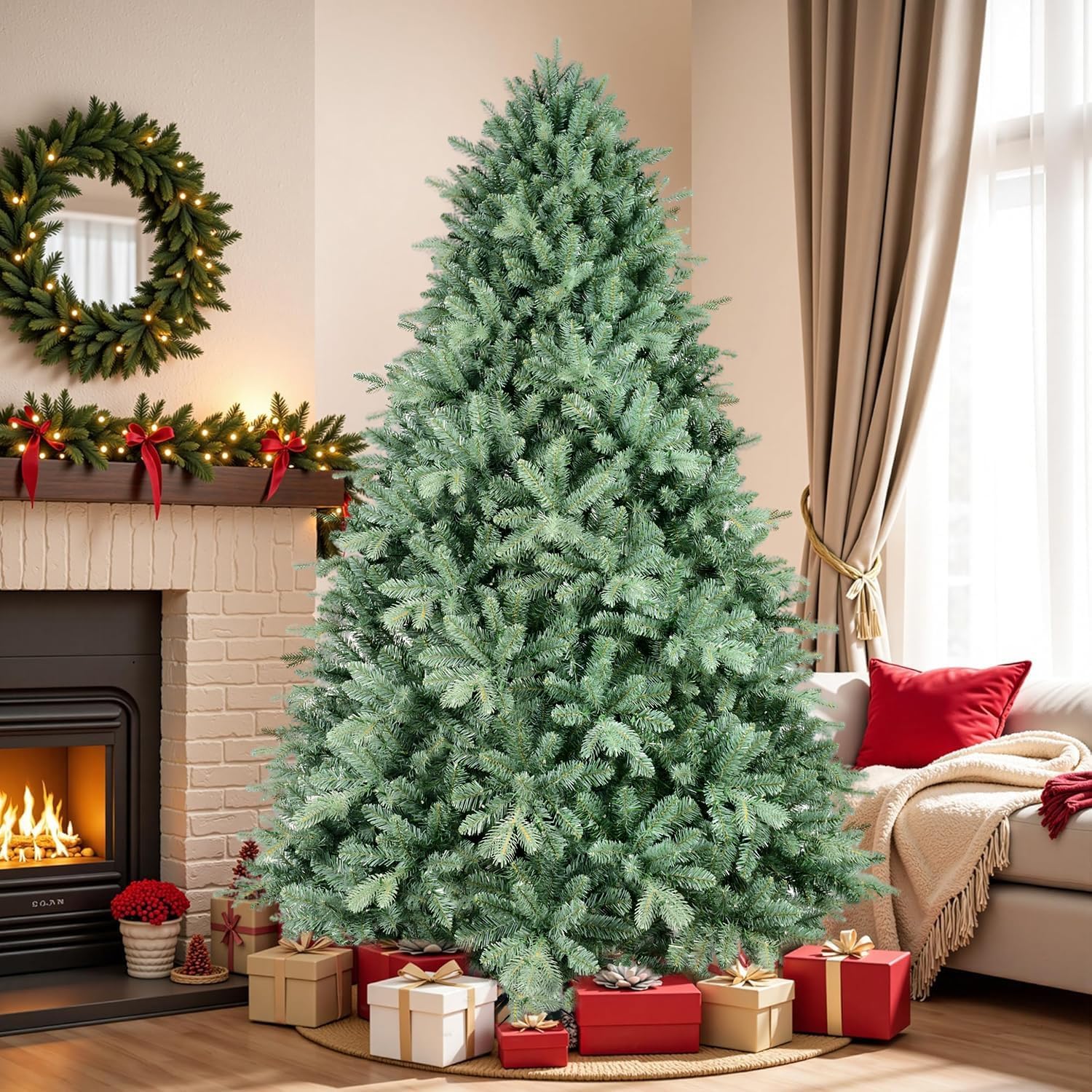 7FT Blue Spruce Artificial Christmas Tree, Premium Unlit Christmas Tree with 2518 PE/PVC Branch Tips, Memory Wire Full Xmas Tree with Foldable Base and Metal Hinged for Holiday Decoration