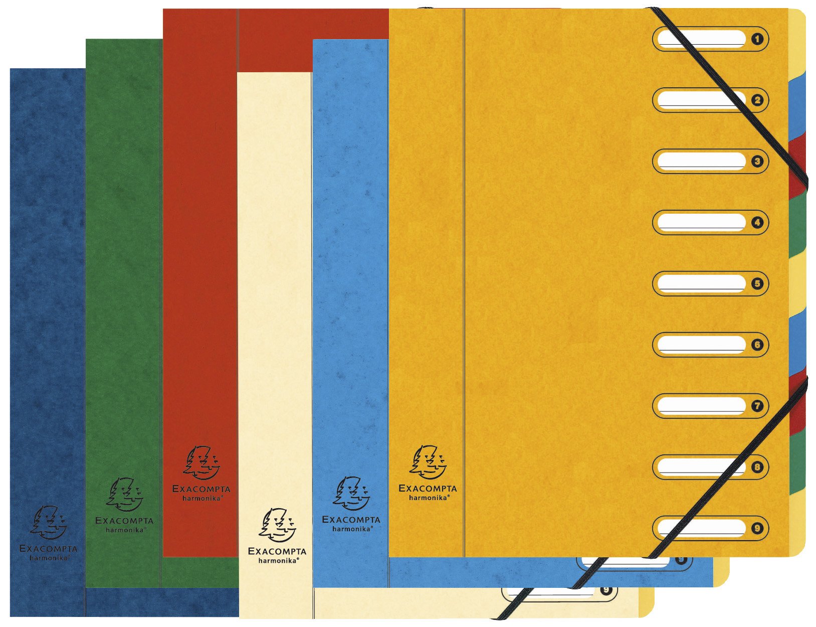 Exacompta - Ref 5309E - Harmonika Multipart File - 24.5 x 32cm in Size, Suitable for A4 Documents, 9 Multi-Coloured Tabbed Sections, Premium Pressboard Cover - Assorted Colours (Pack of 6)