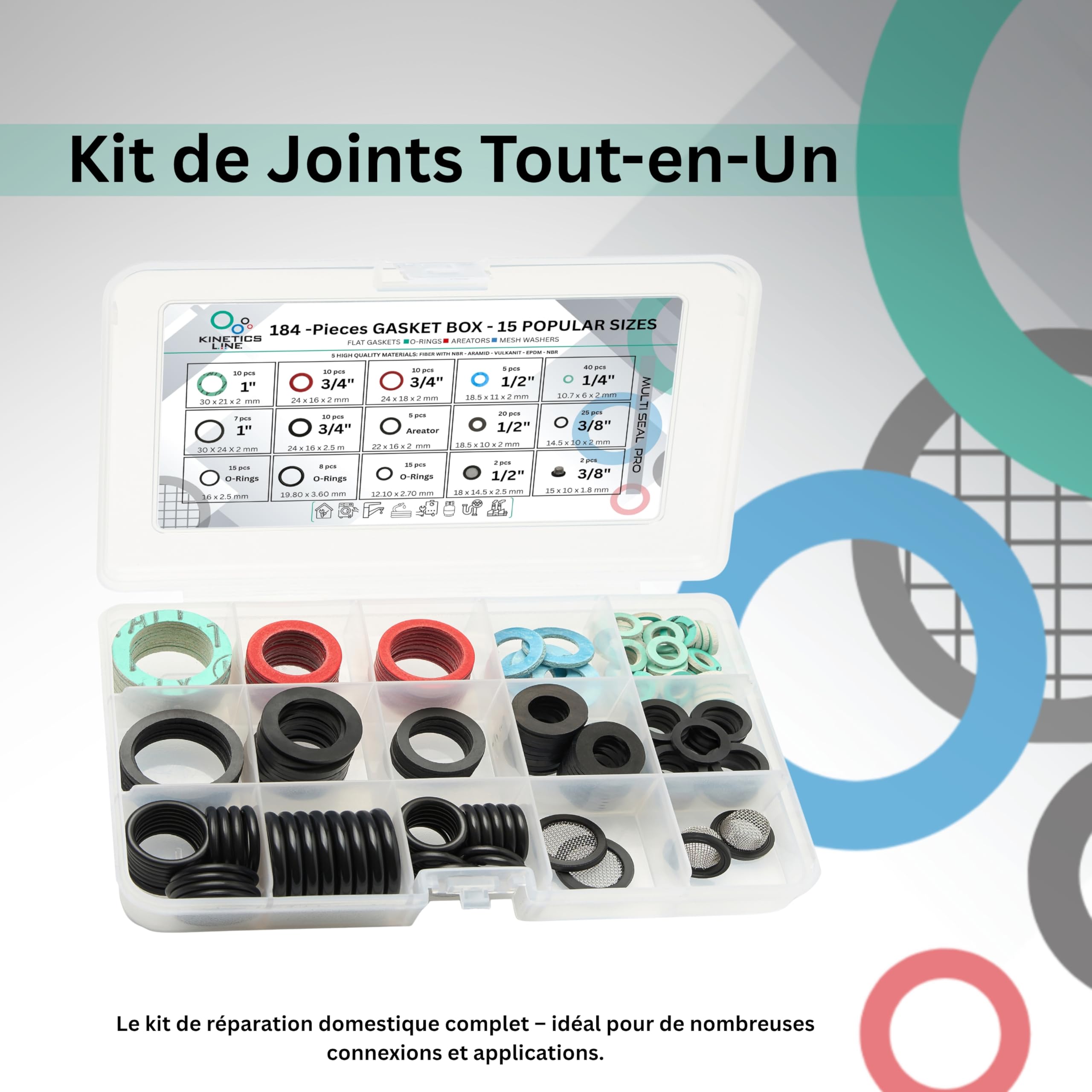 MultiSeal Box – Kit de Joints 184 Pièces avec 15 Tailles Courantes pour la Maison, la Cuisine et la Salle de Bain