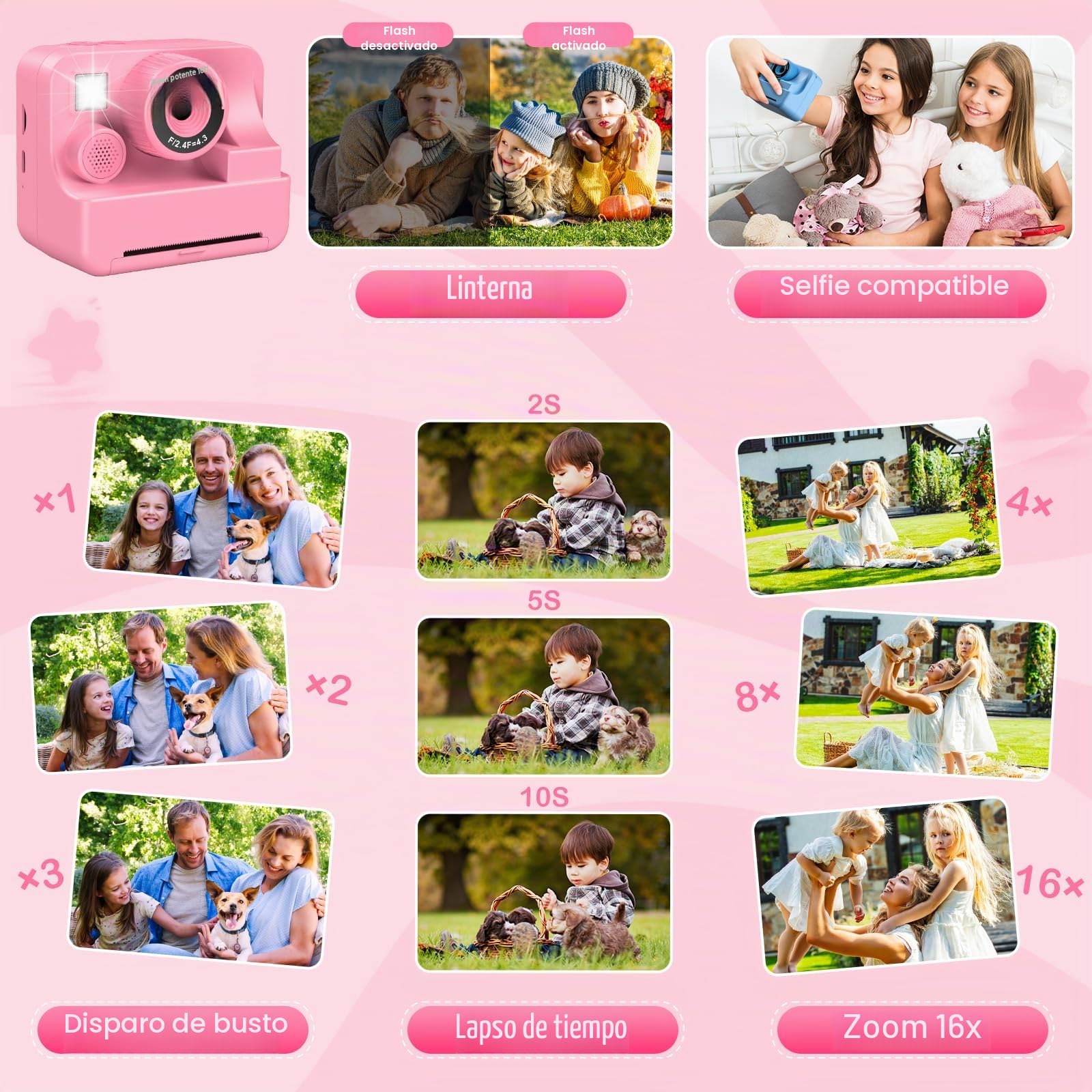Cámara instantánea para niños con selfie 1080p Cámara instantánea con tarjeta de 32 GB y 3 rollos de papel de impresión, cámara para niños, juguetes para niños, regalos para