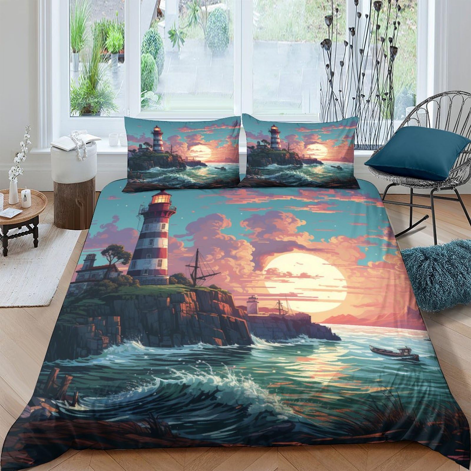 Parure de lit phares 200x200cm avec housse de couette imprimé 3D coastal et taies en microfibre