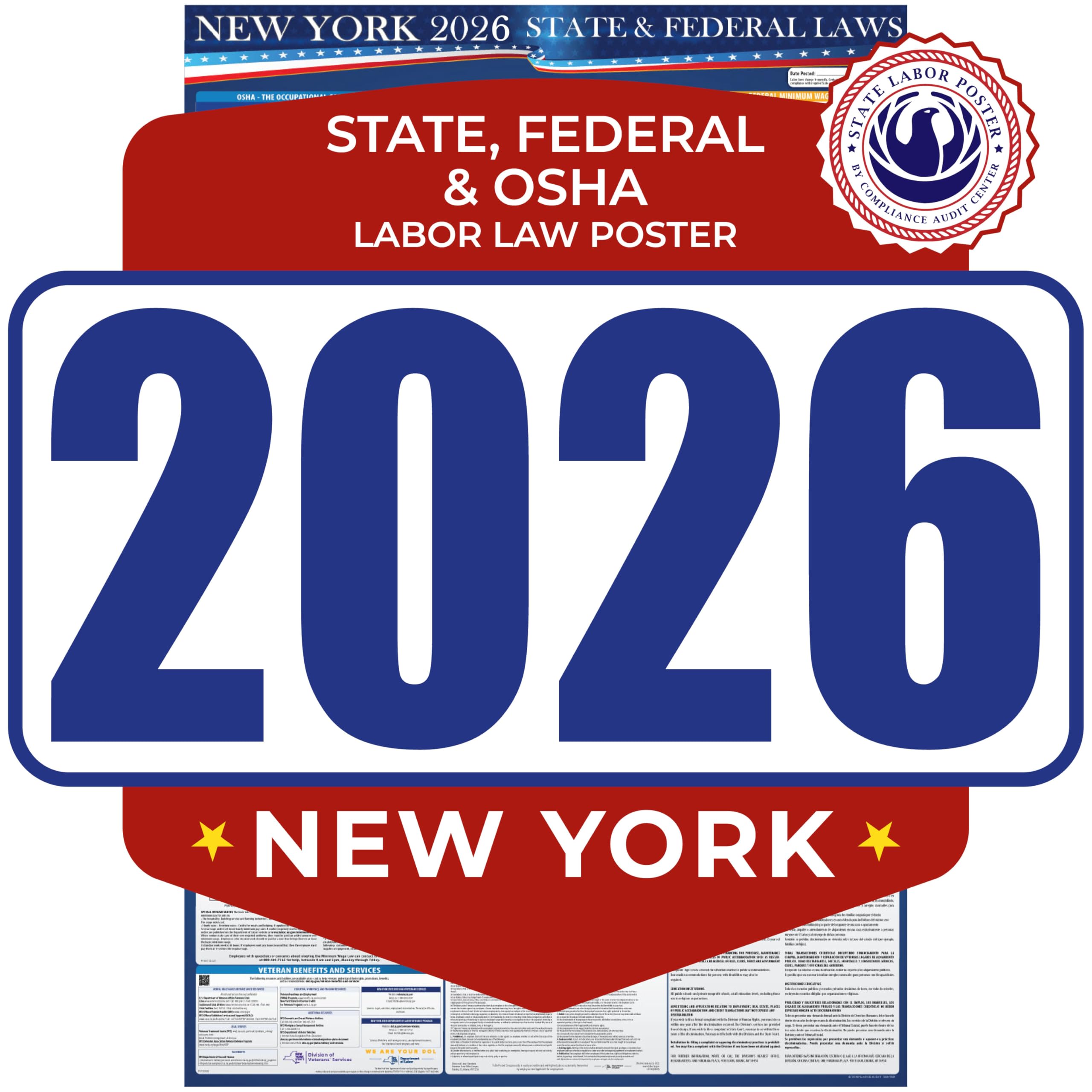 2026 New York State and Federal Labor Law Poster - English Version - OSHA Workplace Compliant - Mandatory Regulations Posting for Employees -