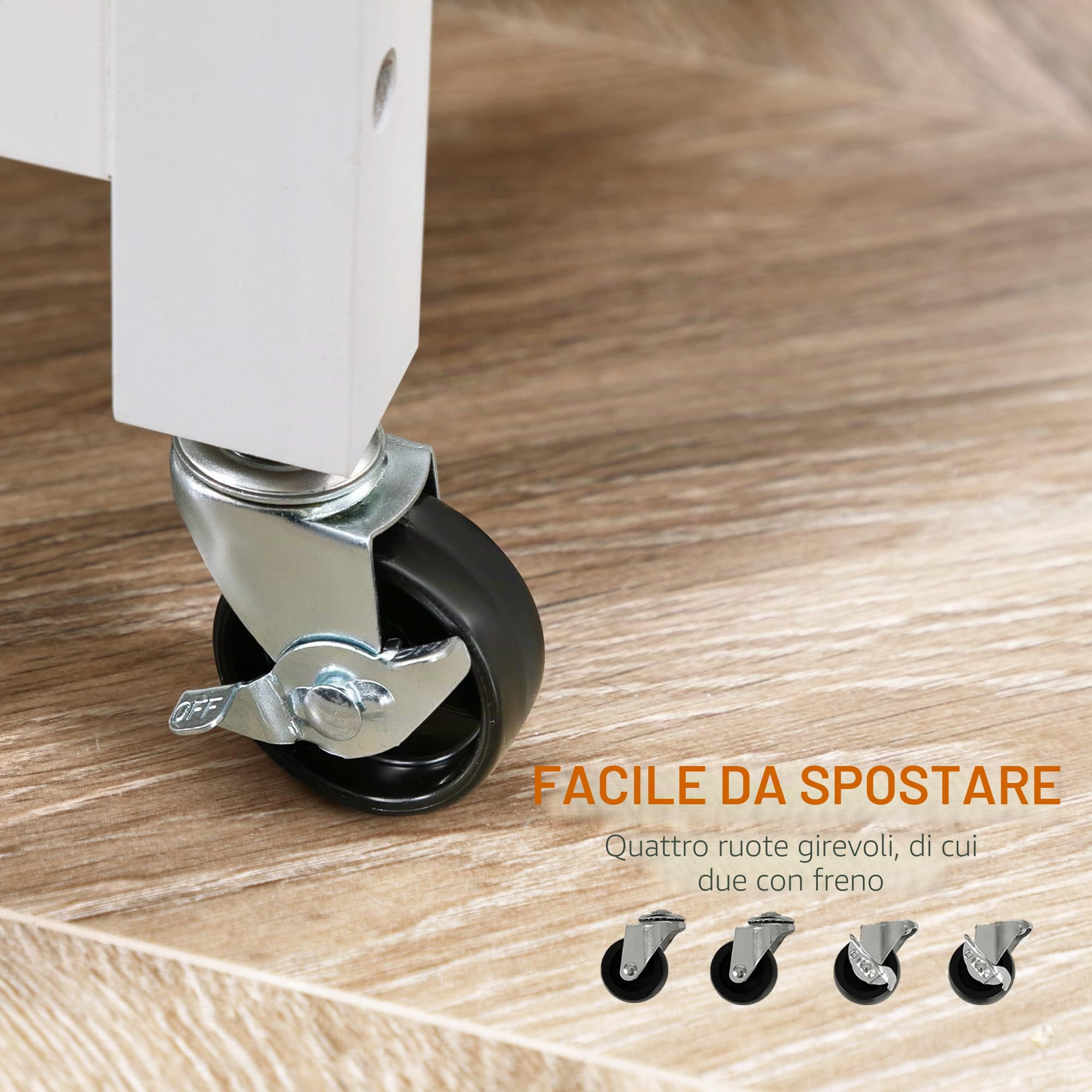 HOMCOM Carrello da cucina con ruote, multiuso, 1 cassetto, armadio a 2 ante con ripiano porta strofinacci in MDF bianco acciaio inossidabile