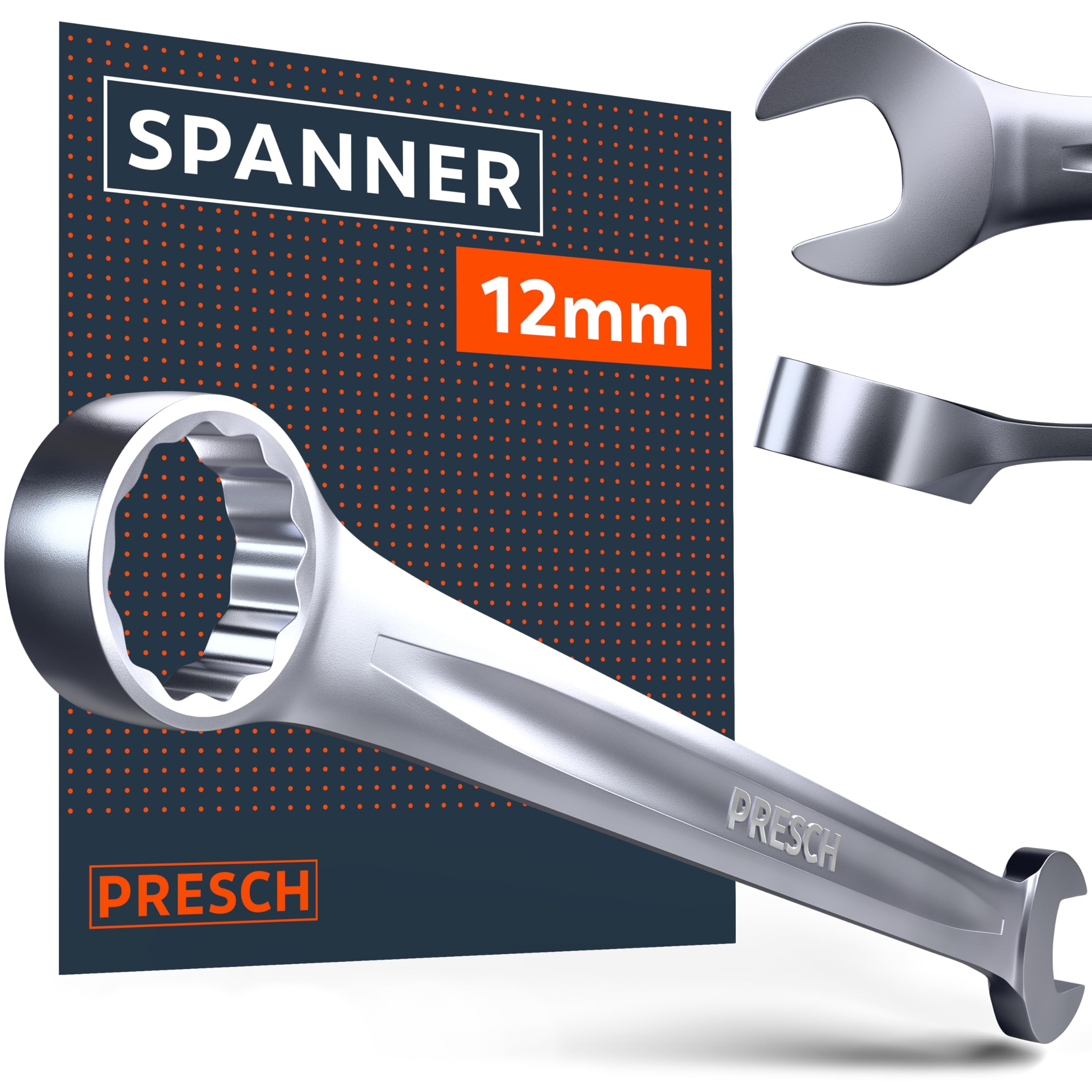 PRESCH Combination Spanner 12mm, Precision-machined & exceptionally Robust Spanner, 15° Angled for Tight-Space Work