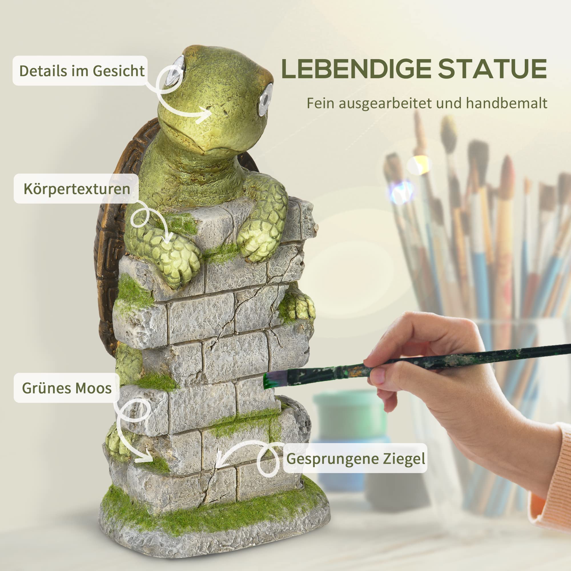 Outsunny Statuetta da giardino a forma di tartaruga con luce solare LED, statua da giardino, scultura da 36,5 cm, ornamento esterno per prato, giardino, cortile