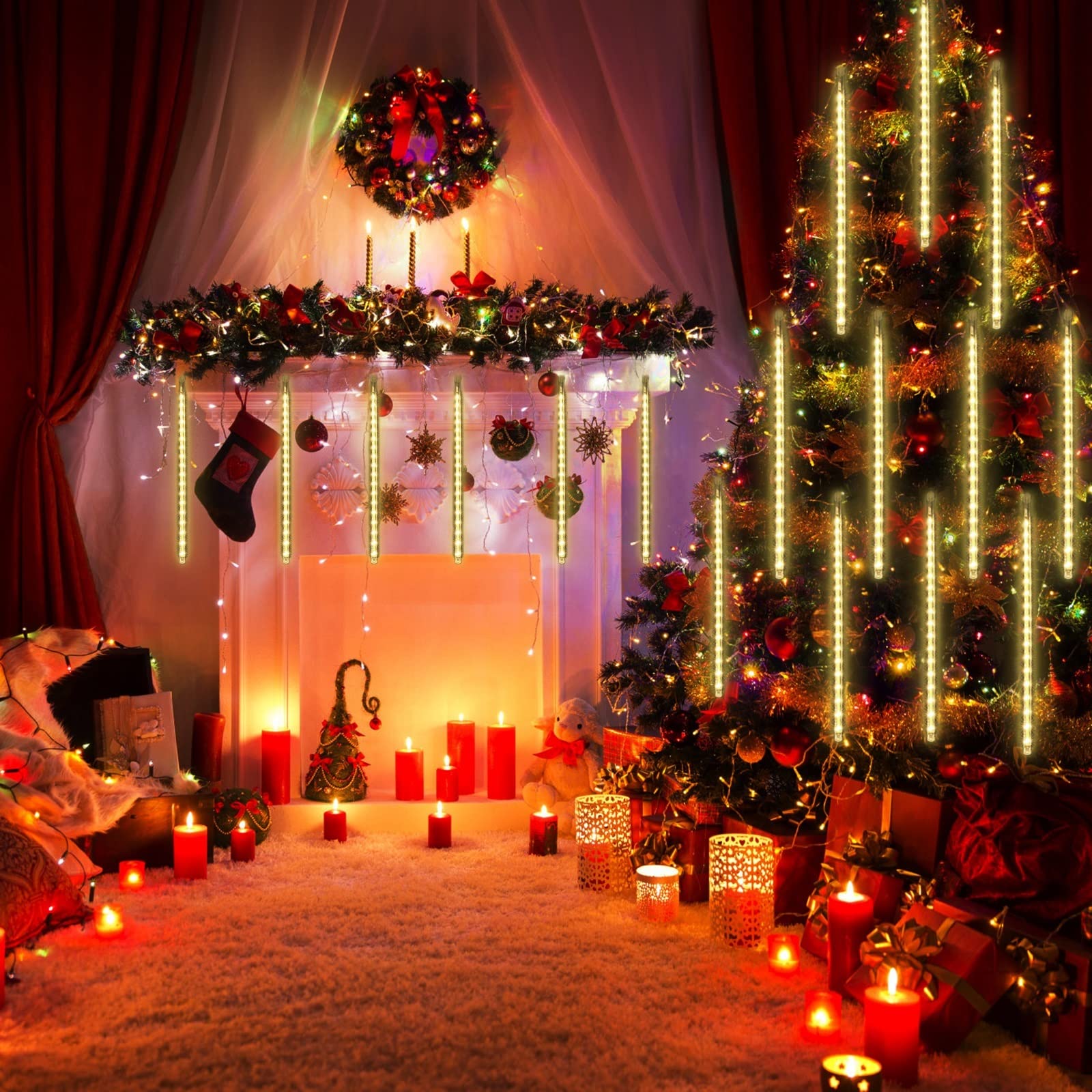 SCOZIA - Guirnalda de luces navideñas (80 cm, 10 tubos, 720 LED, impermeable, IP65, guirnalda luminosa de hadas, decoración de árbol de Navidad, decoración de árbol de Navidad, blanco cálido
