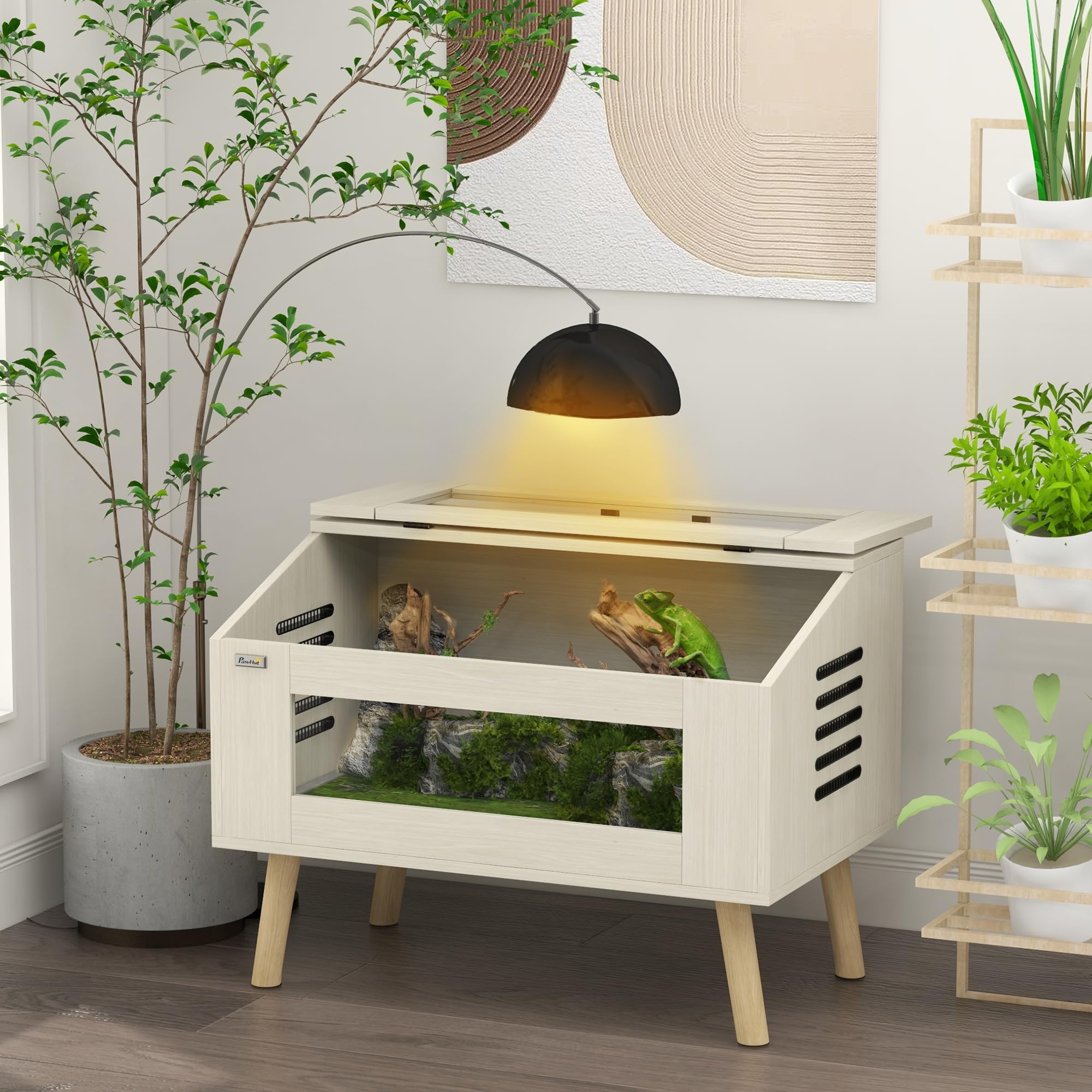 PawHut Terrario per rettili con ventilazione laterale, vivarium per serpenti da 111L con finestre in vetro temperato, coperchio, 80 x 50 x 60 cm legno naturale
