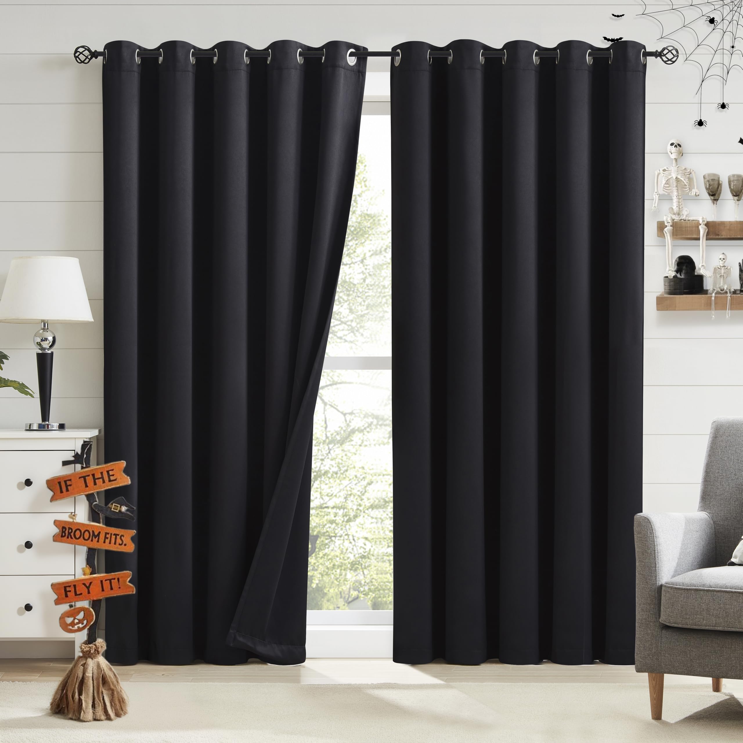 Bujasso Black Full Blackout Curtains 90 inches Thermal Insulated Room Darkening Draps for Living Room Bedroom Luxury Energy Saving Window Treatment Sets Grommet Top 2 Panels 65" Wx90 L