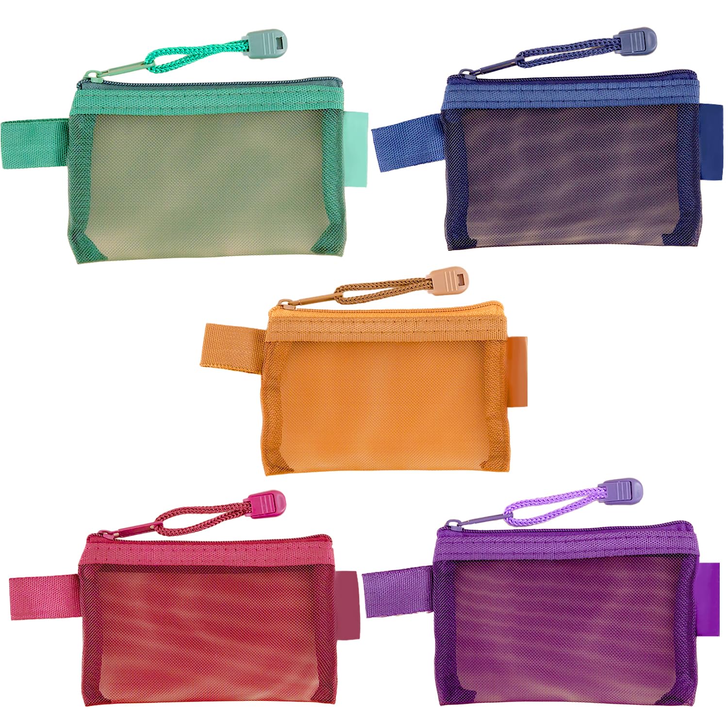 5-Pack Mini Mesh Pouch Set – Vintage-Toned Nylon Organizer with Zipper, Transparent Travel Wallet for Cards, ID & Coins