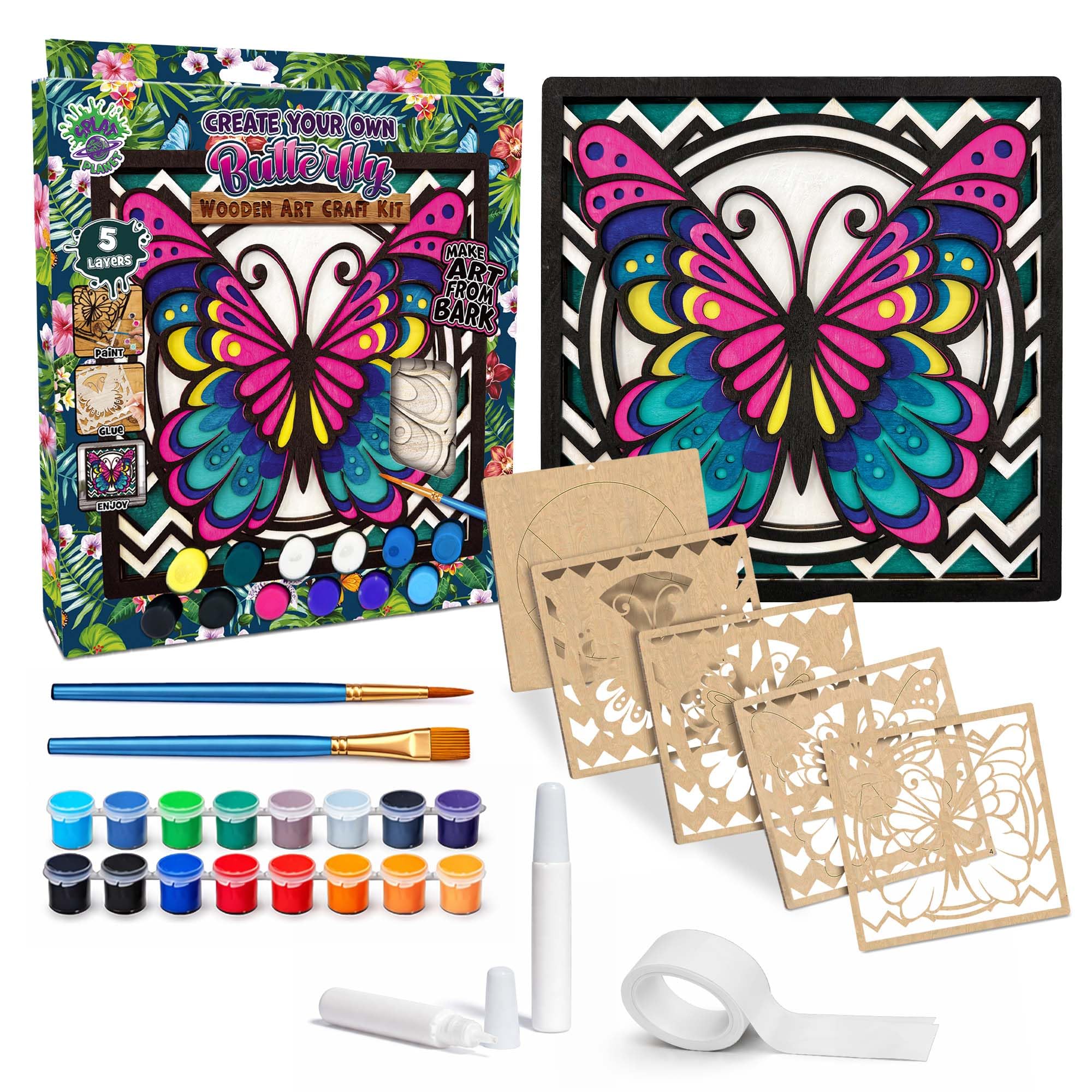 Splat Planet - Butterfly 3D Wooden Art Kit – Paint Your Own 3D Layered Wood Wall Art for Kids & Adults, DIY 3D Art Butterfly Wood Painting Kit Wooden Art and Craft Gift Set, 25 x 25cm