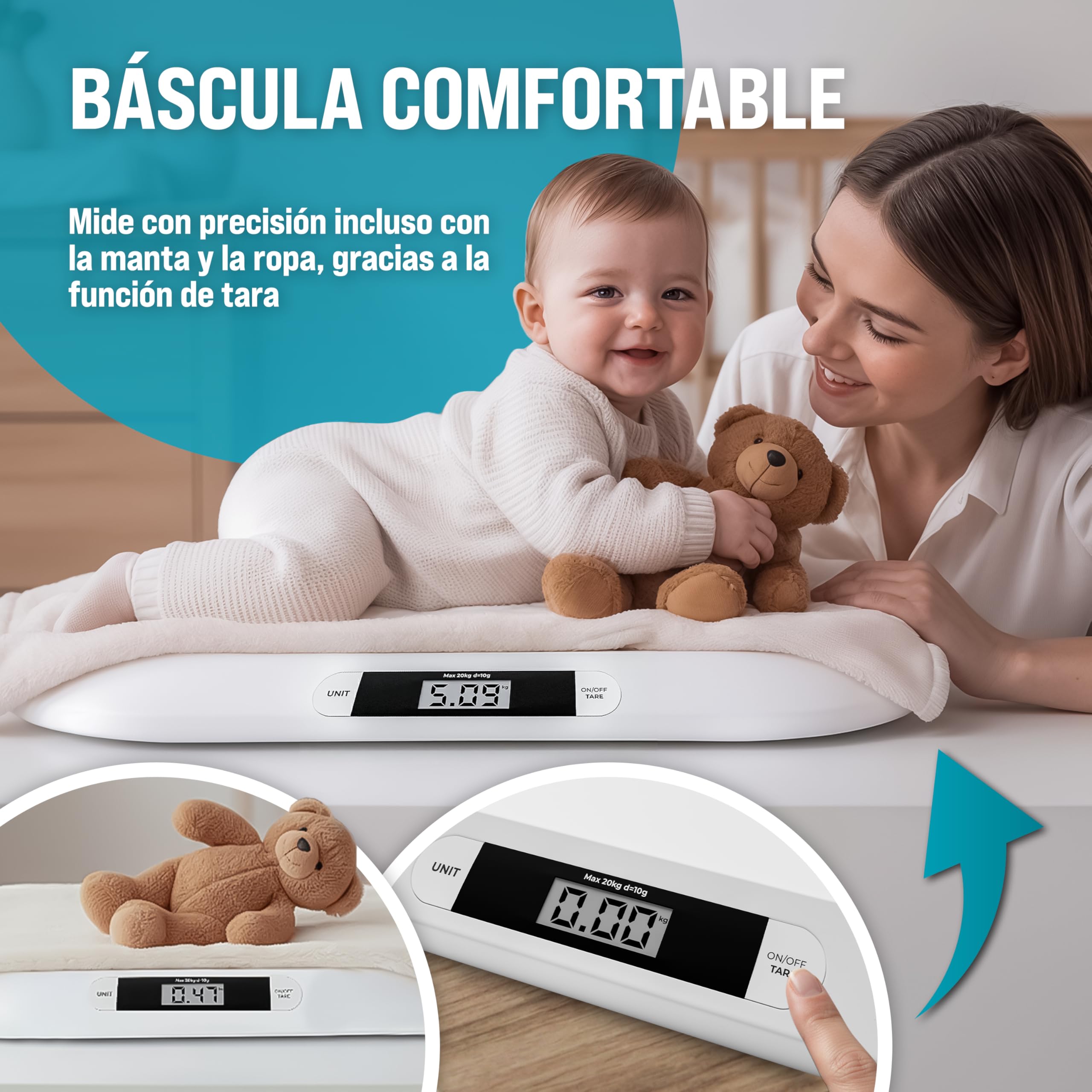 MONZANA® Báscula Bebé Digital hasta 20Kg Superficie Apoyo Amplia Segura Antideslizante Pantalla LED Apagado Automático Función Tara y Retención Recién Nacidos Mascotas Pequeñas