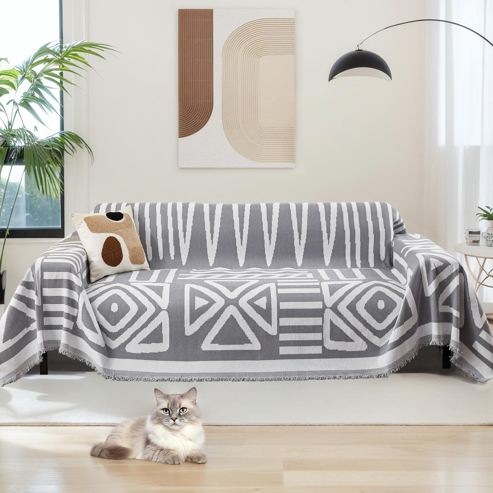 MIFXIN Chenille Reversible Sofa Slipcover for Corner Sofa, Solid Sofa Cover for 2 3 4 Seater L-Shaped Sofa Cover, Sofa CoverPet for Proof & Machine Washable (With Tassels) (Light Gray, 180 * 300)
