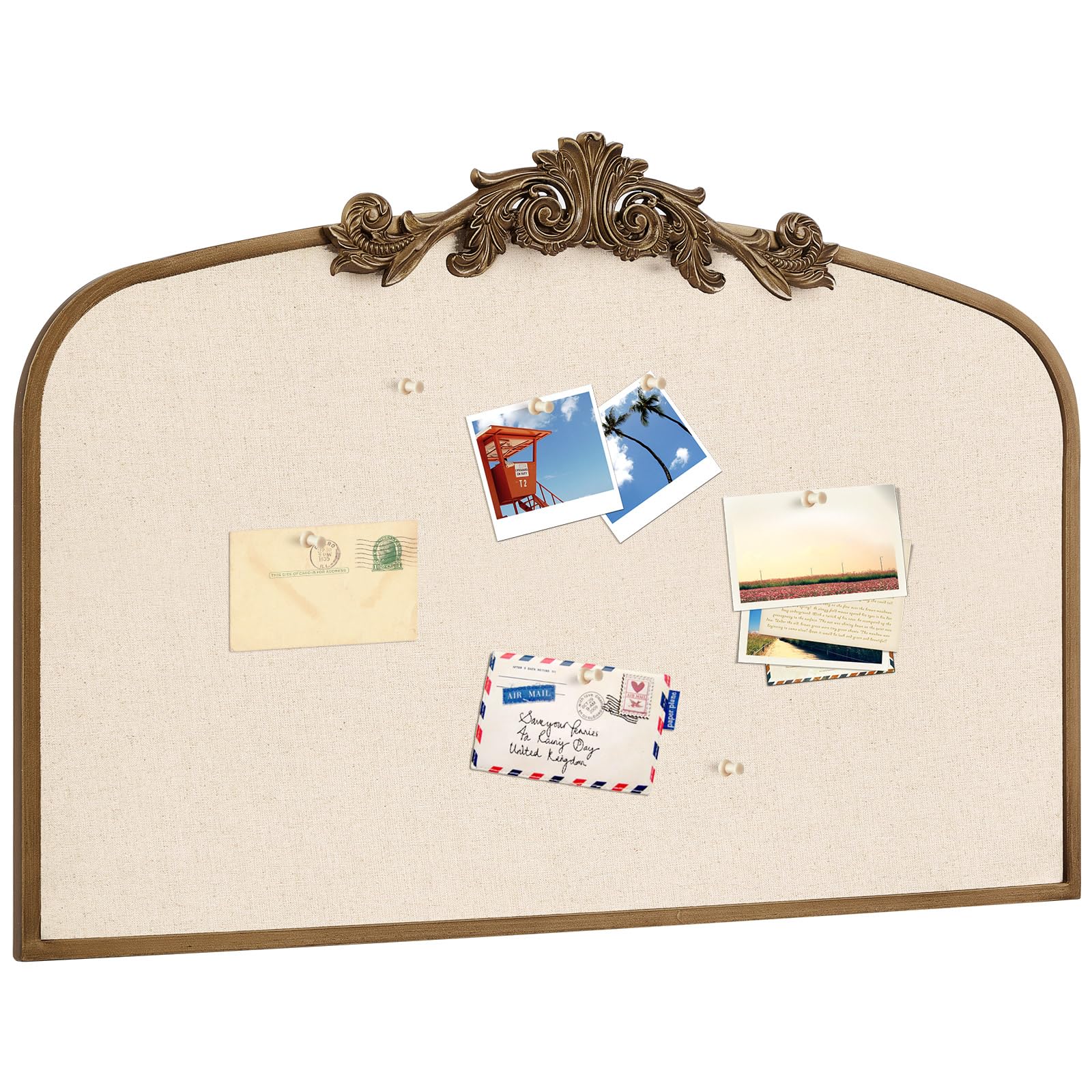 vintage framed pin board linen display bulletin board large fabric picture memo decorative prayer pinboard for xmas gift wall(arch,23.6" x 35",antique golden)