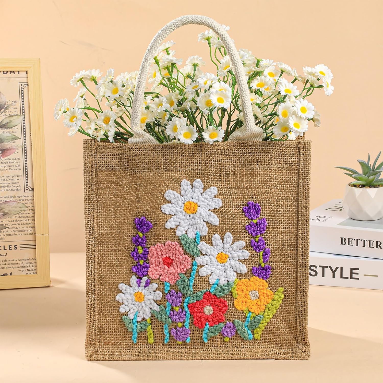 Punch Needle Kits for Beginners Adults Complete Embroidery Tote Bag Set with Flower Pattern Punch Needle Tote Bag Set with Instruction Yarns Tools DIY Embroidery Starter Kit for Easy Craft Gifts