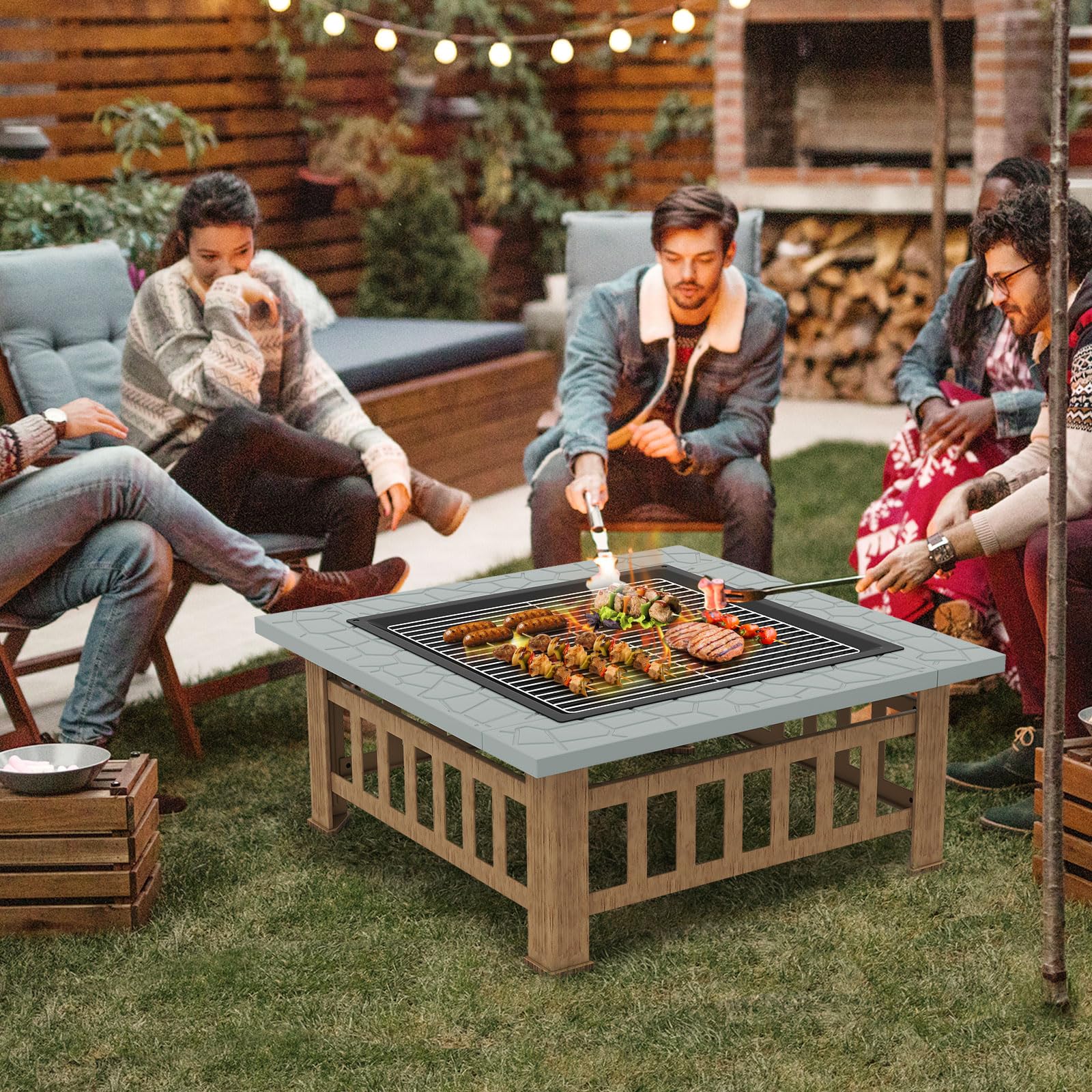 KOMFOTTEU Braciere da Esterno con Griglia e Coperchio, Cesto per Fuoco, Braciere in Metallo con Fuoco, Tisoniere, Parascintille, per Giardino, Campeggio, Picnica, 81 x 81 x 50 cm, Nero (Grigio)